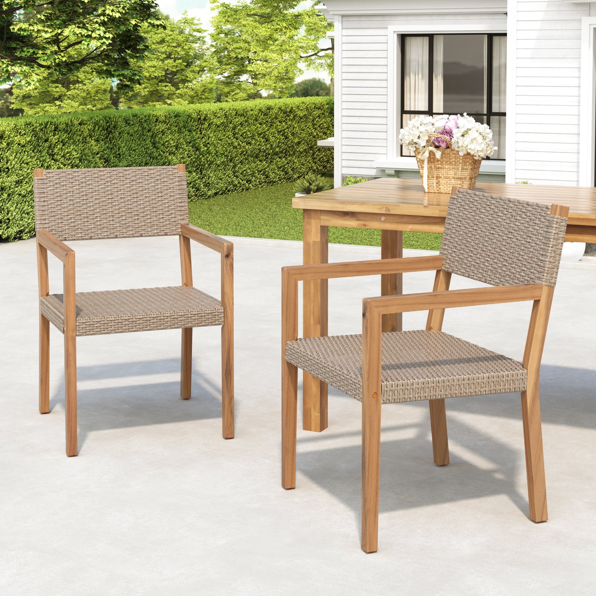 Outdoor Dining Chair Set Rattan Frame - Light Brown