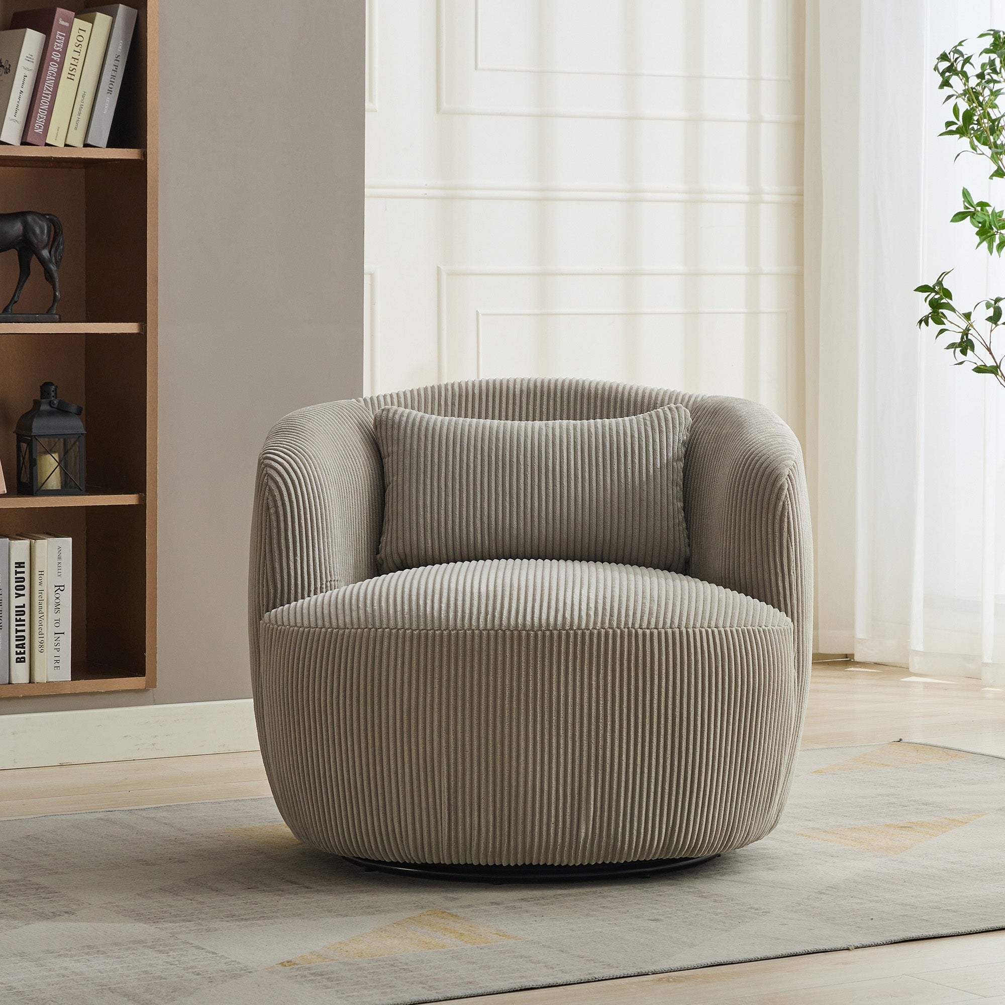 Brunswick Corduroy Upholstered 360° Metal Base Swivel Barrel Chair with Pillow