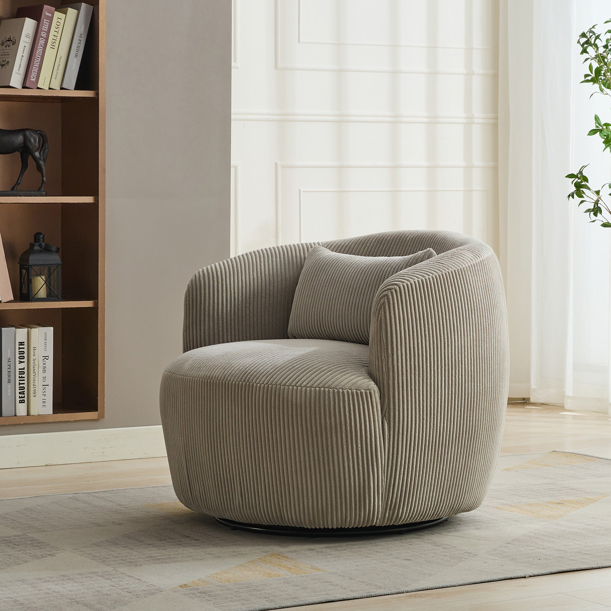 Brunswick Corduroy Upholstered 360° Metal Base Swivel Barrel Chair with Pillow