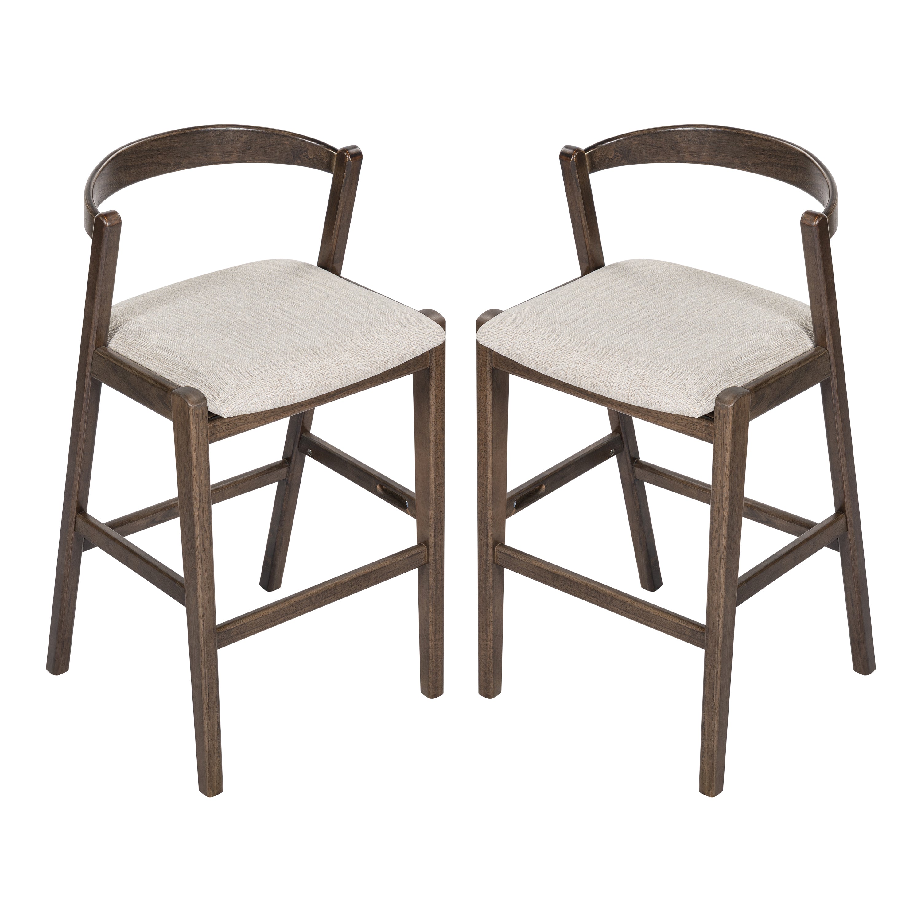 Balmain Indoor Rubberwood Barstool, Dark Brown Finished and Beige Upholstery, Set of 2