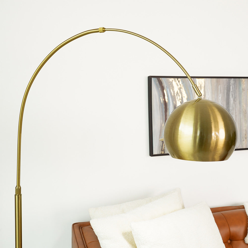 Arvo Long Arm Gold Brass Adjustable Floor Lamp with Round White Marble Base