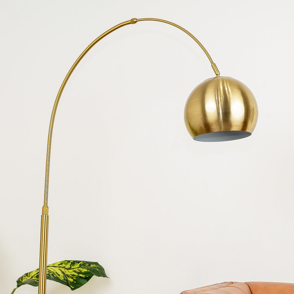 Arvo Long Arm Gold Brass Adjustable Floor Lamp with Round White Marble Base