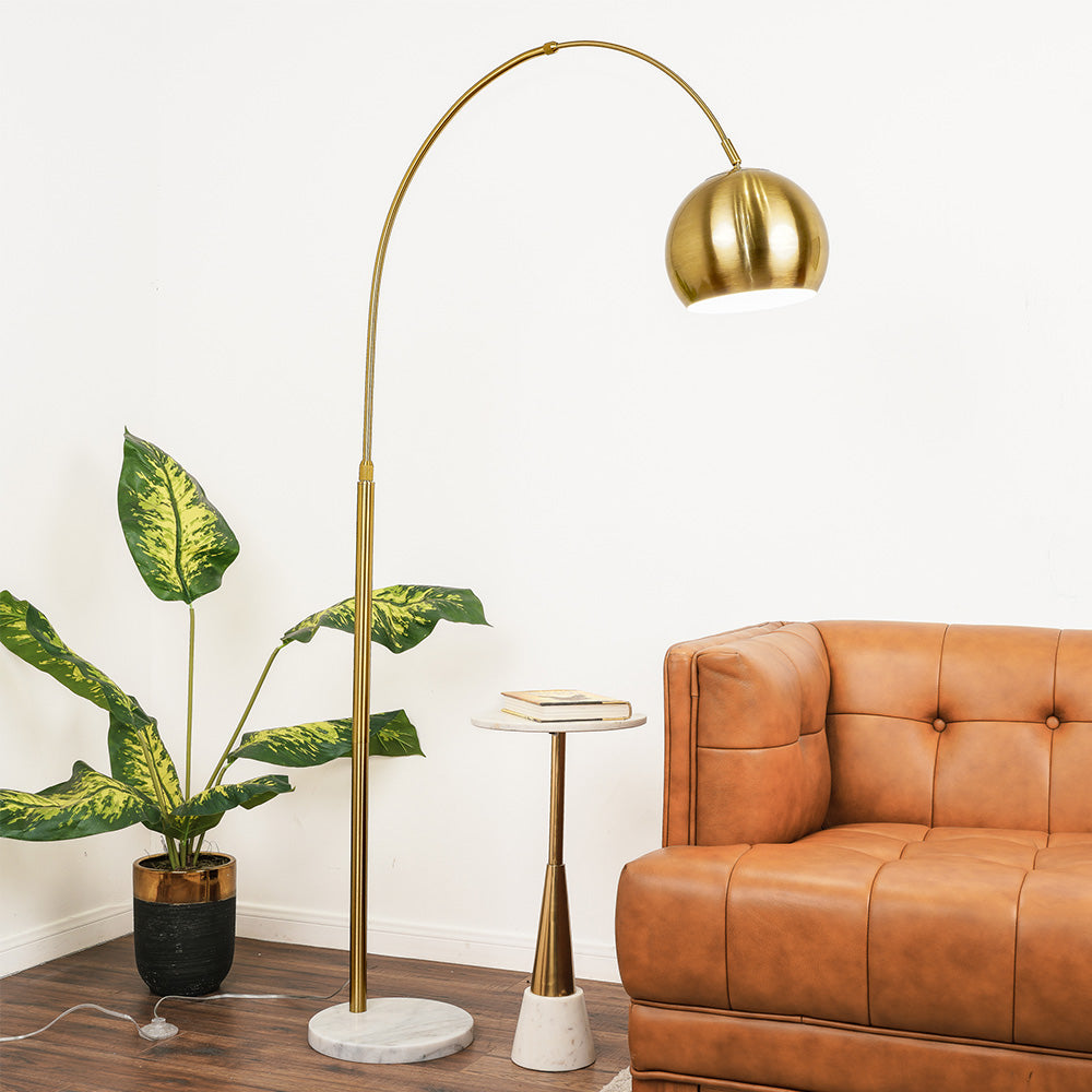 Arvo Long Arm Gold Brass Adjustable Floor Lamp with Round White Marble Base