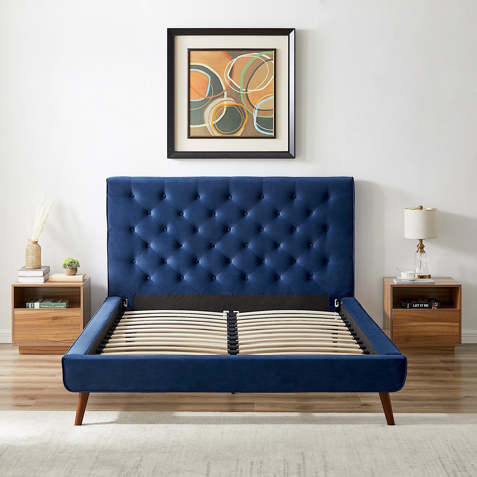 Ashley Queen Navy Blue Velvet Platform Bed