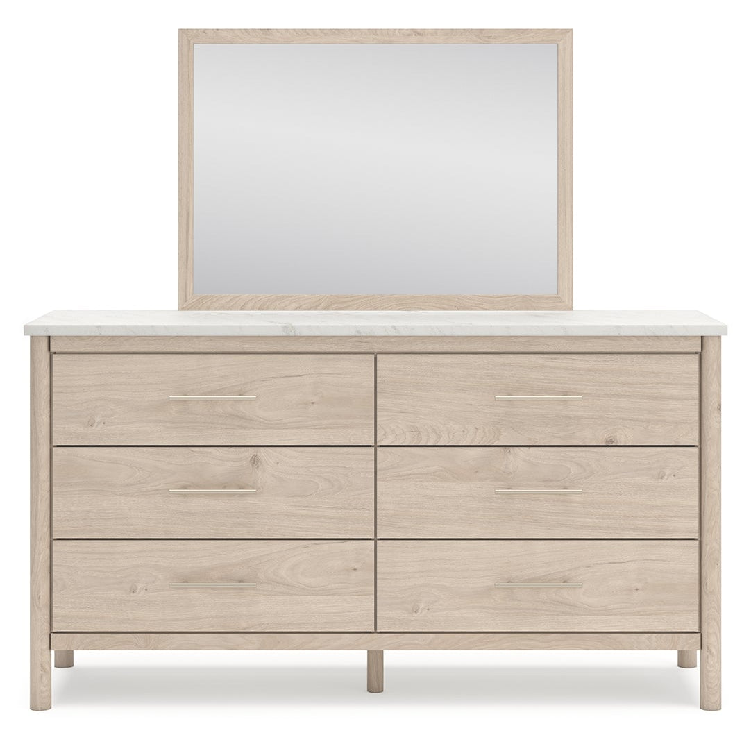 Cadmori Queen Upholstered Panel Bed with Mirrored Dresser, Chest and Nightstand
