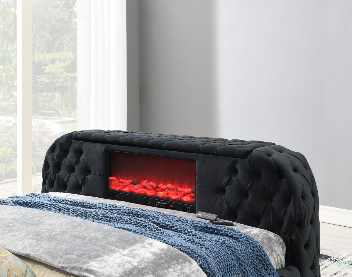 Black Velvet Bed with Fireplace, TV Mount & Bluetooth