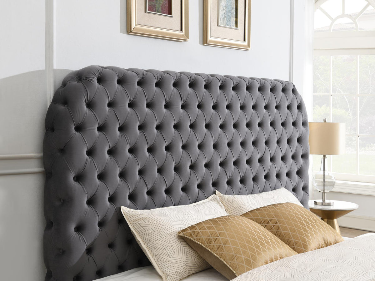 Gray Velvet Bed with Fireplace, TV Mount & Bluetooth