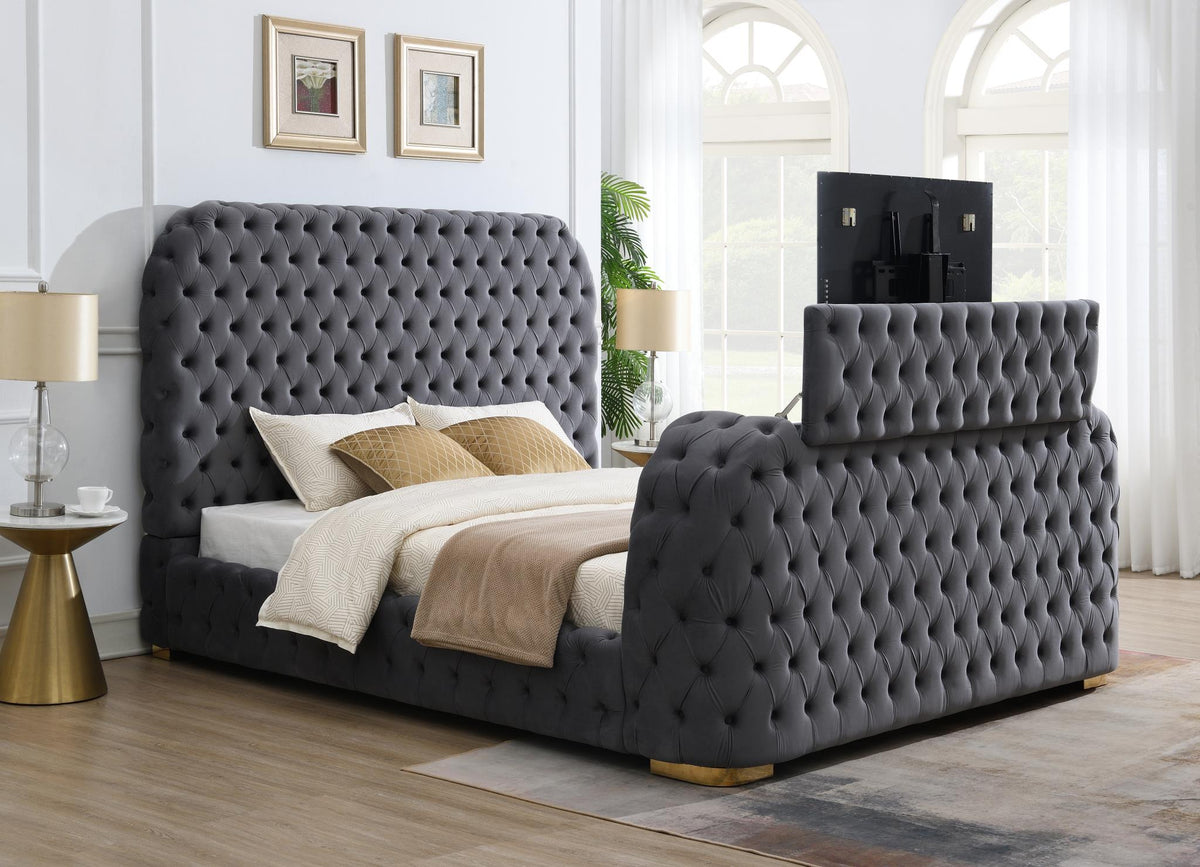 Gray Velvet Bed with Fireplace, TV Mount & Bluetooth