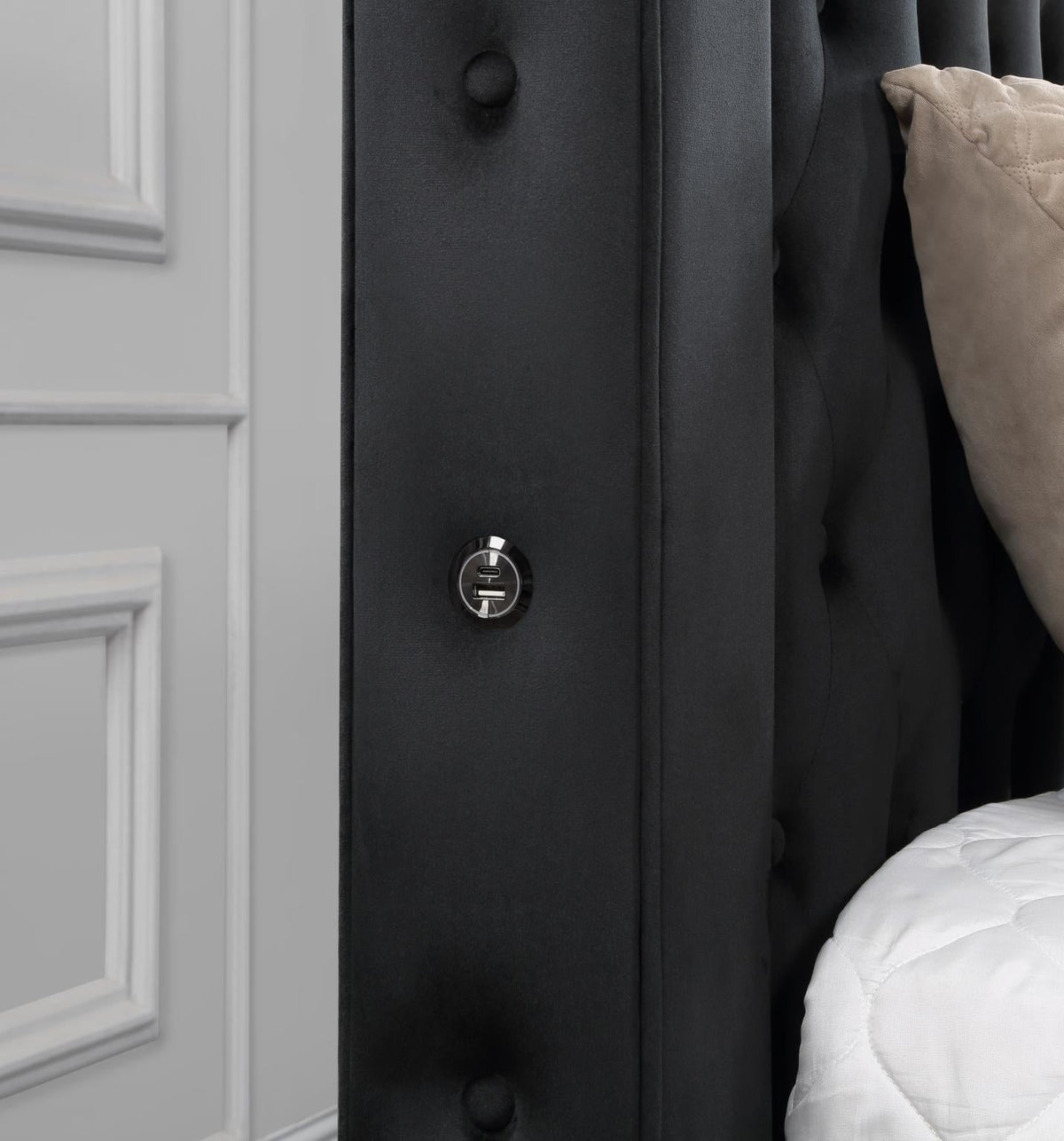 Black Velvet Canopy Bed with Bluetooth & USB