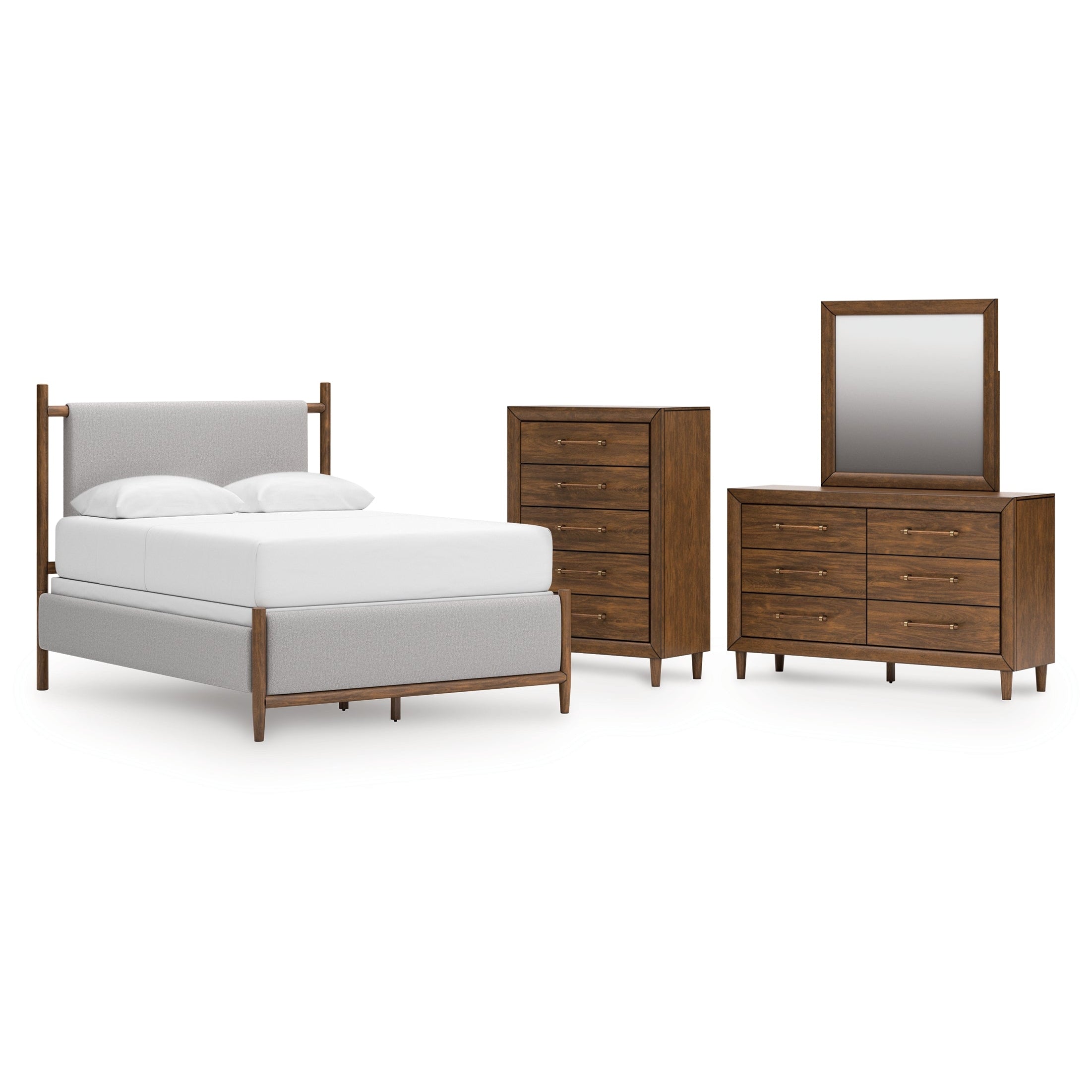 Lyncott Queen Upholstered Panel Bed, Dresser, Mirror and Chest