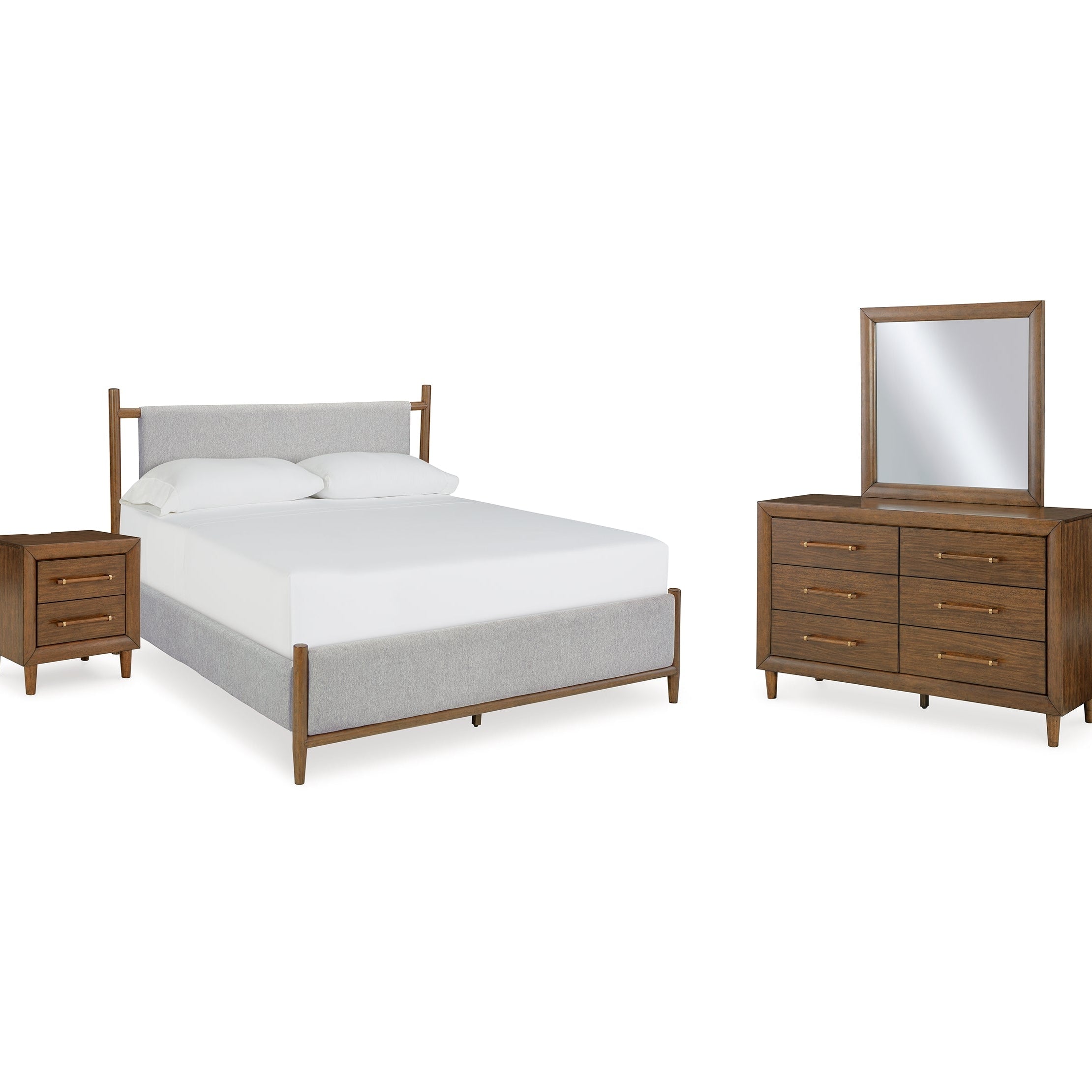 Lyncott King Upholstered Bed with Mirrored Dresser and Nightstand