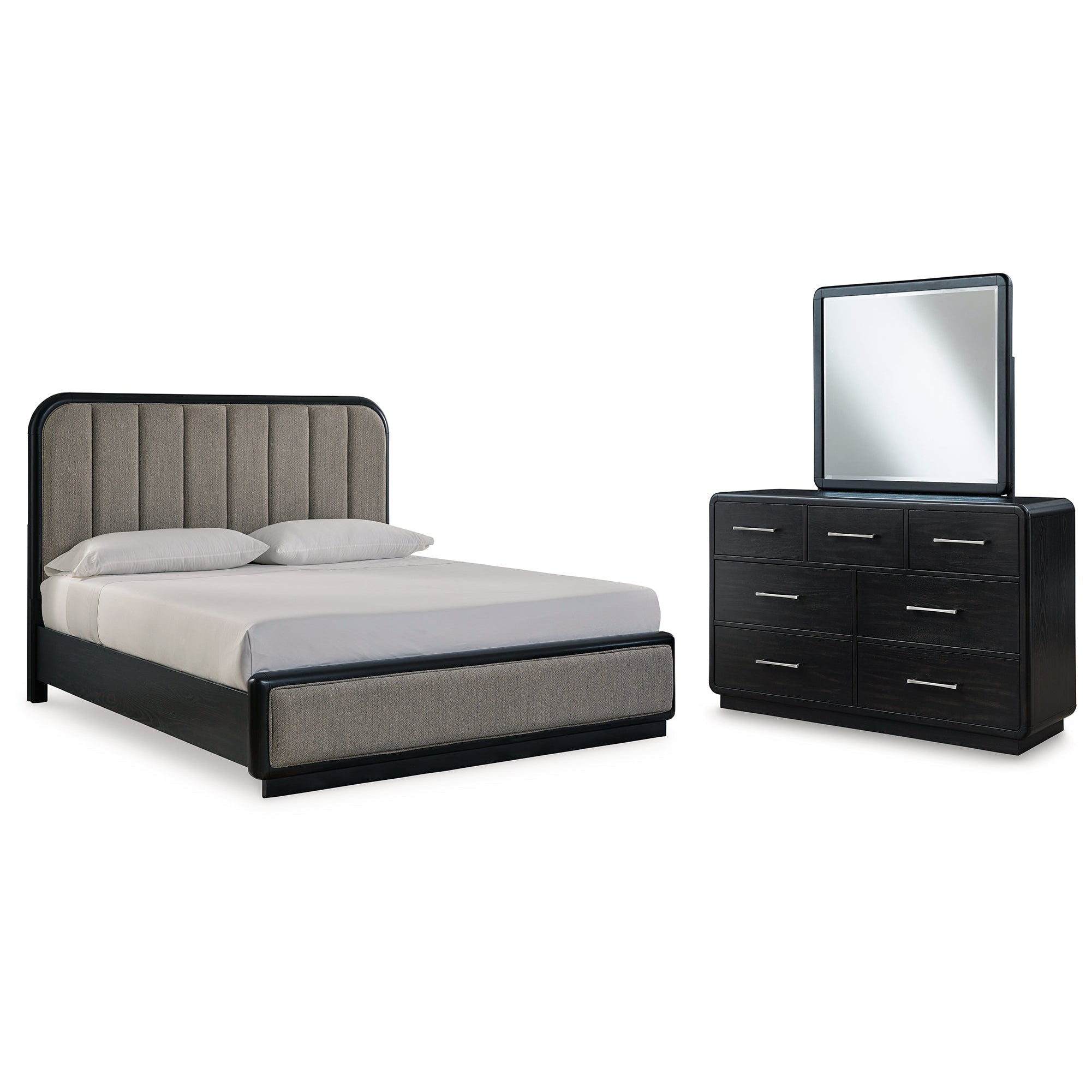 Rowanbeck King Upholstered Panel Bed with Mirrored Dresser