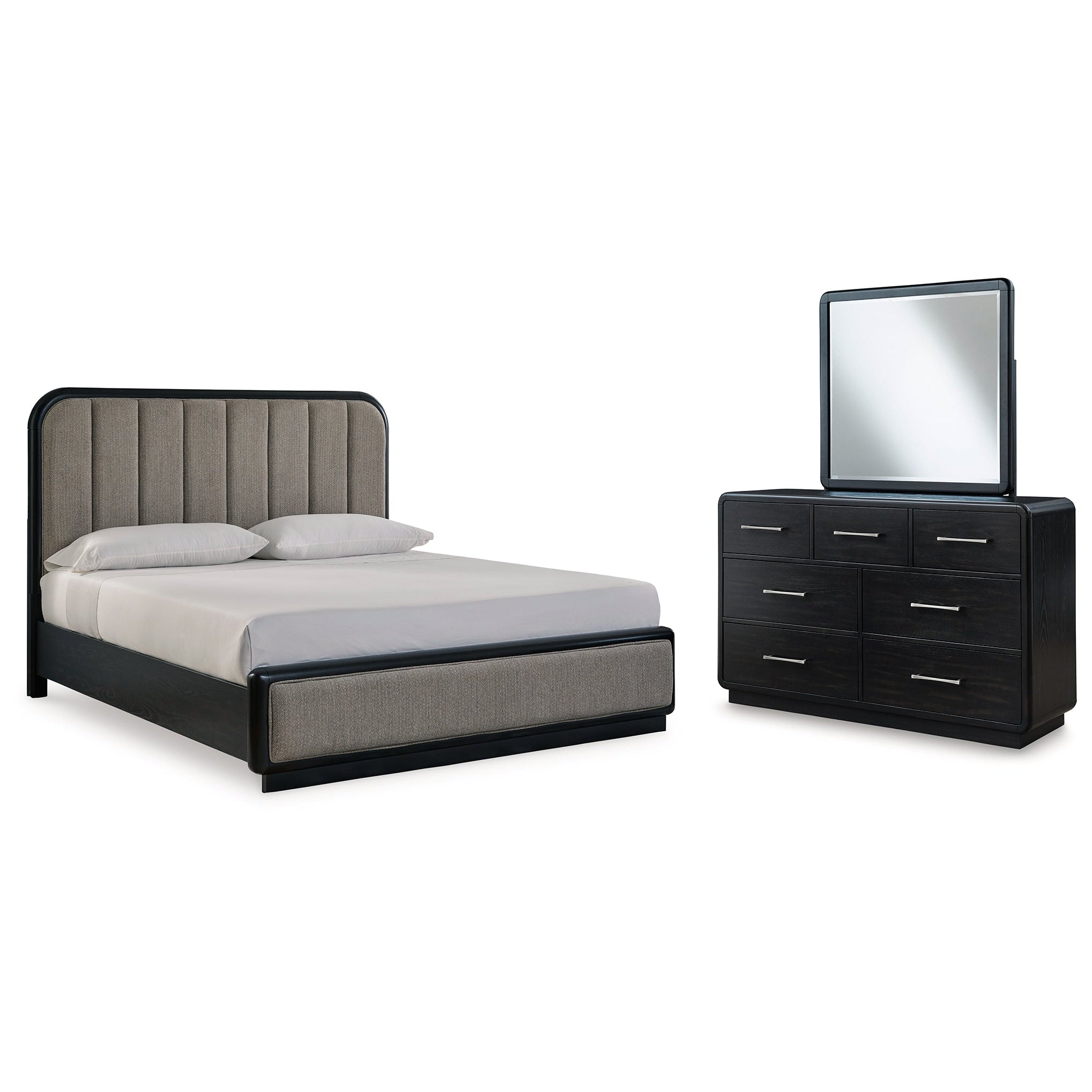 Rowanbeck California King Upholstered Panel Bed with Mirrored Dresser