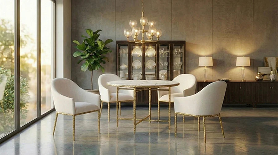 Balvi Contemporary Matte Gold Round Dining Table with White Marble Melamine Top