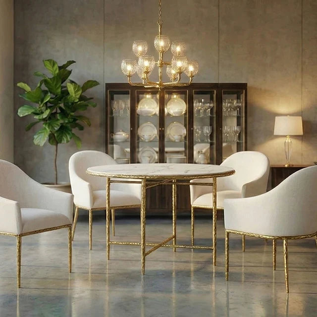 Balvi Contemporary Matte Gold Round Dining Table with White Marble Melamine Top