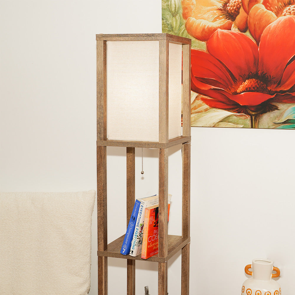 Bori Shelf Floor Lamp For Bedroom/Living Room, Natural Wood with Long Shade