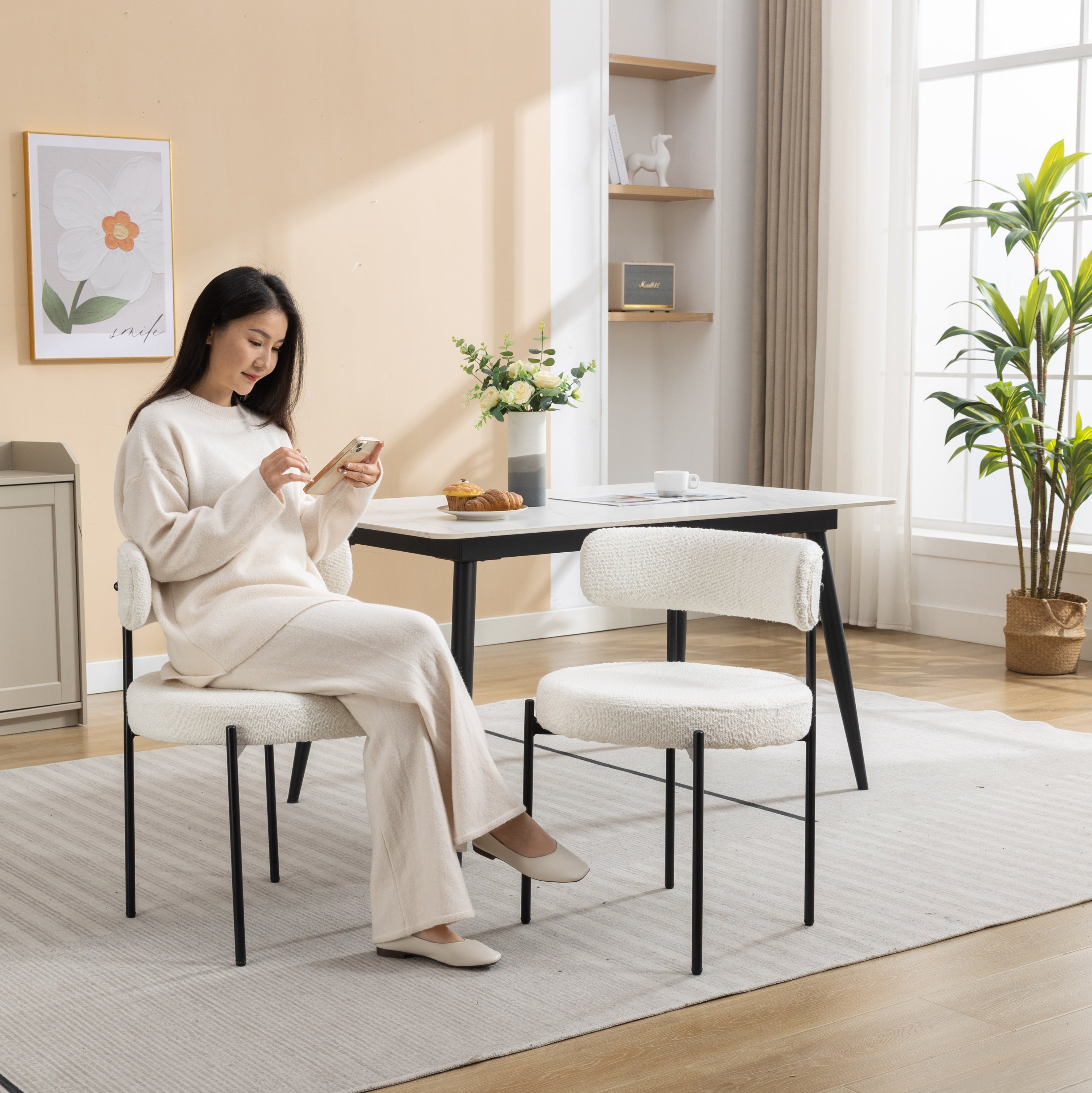 Burbank Modern Round White Boucle Dining Chairs - Set of 2