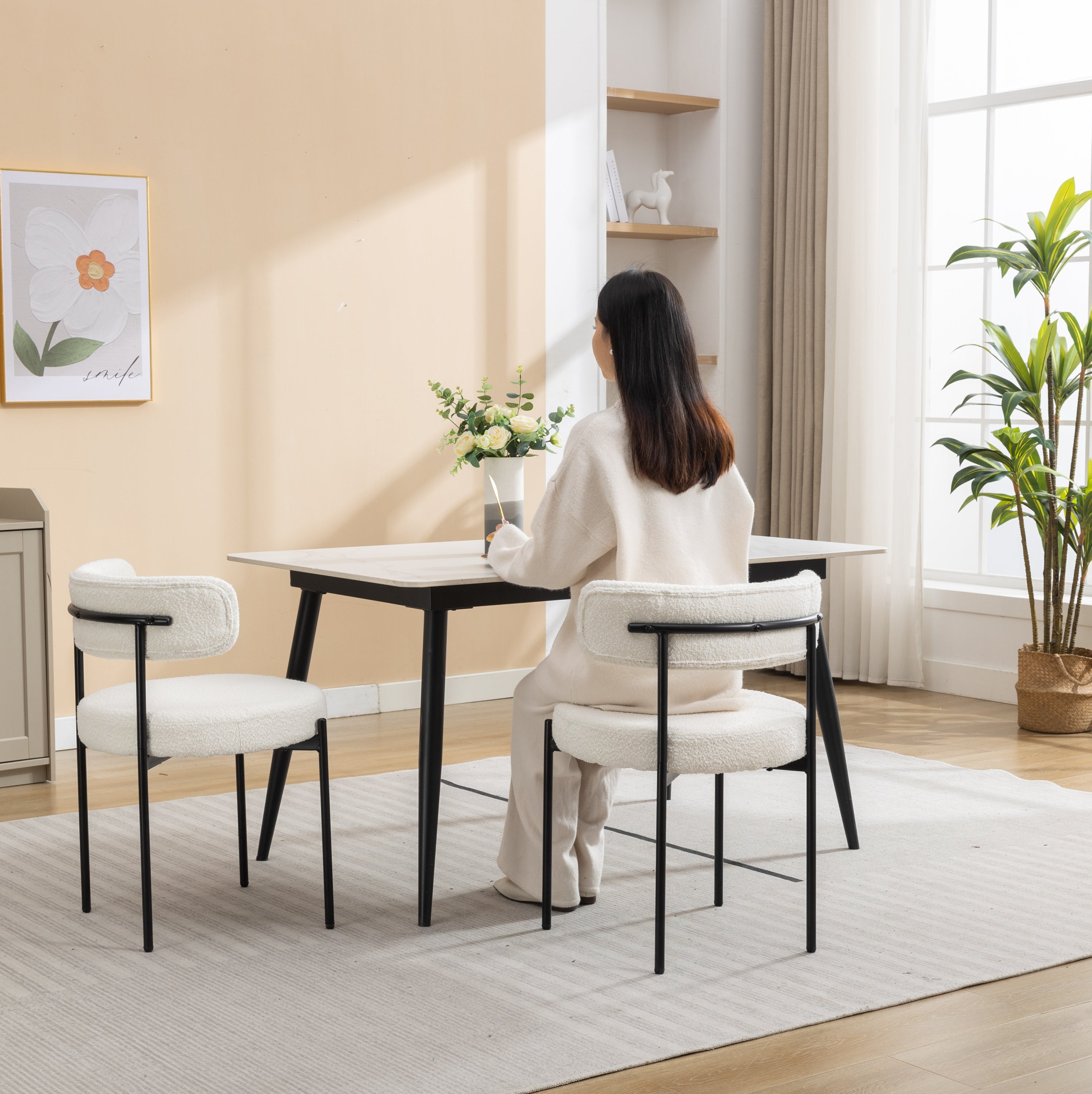 Burbank Modern Round White Boucle Dining Chairs - Set of 2