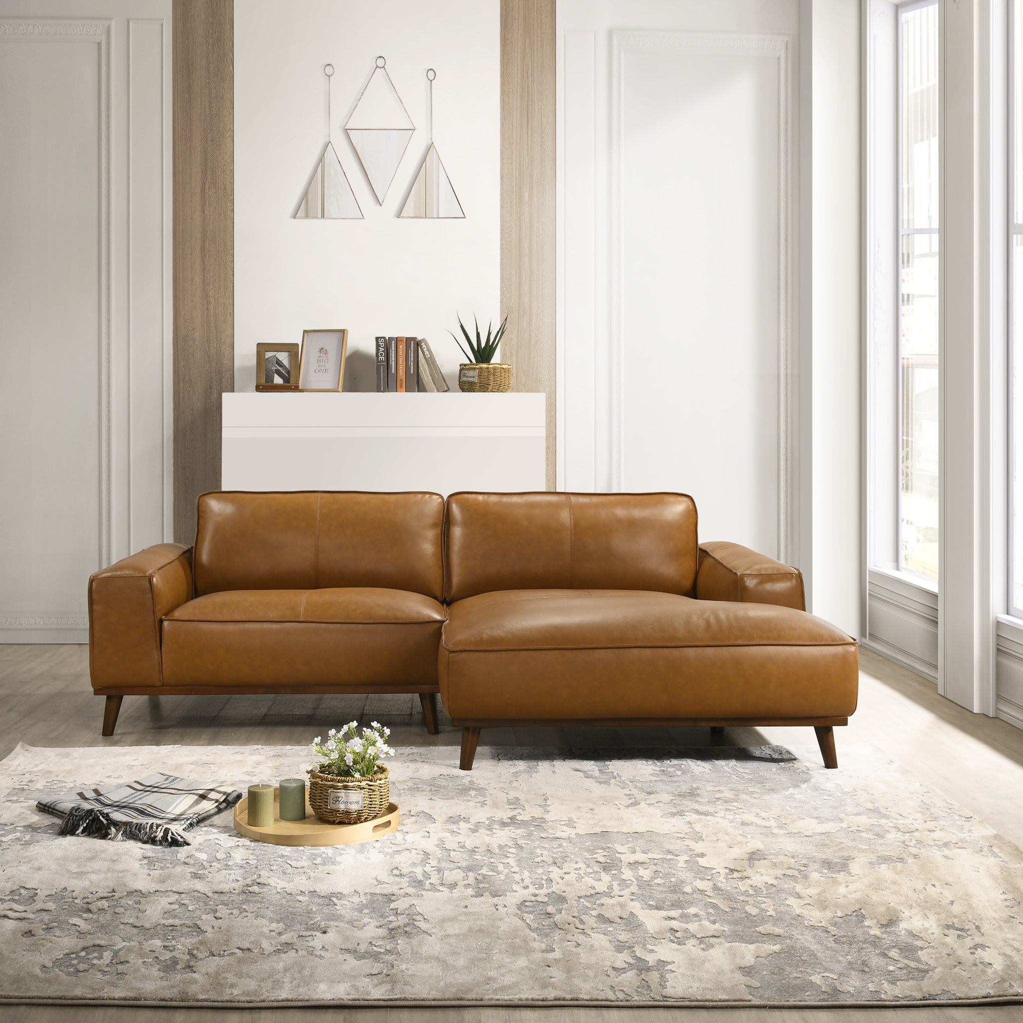 Clifton Tan Leather Sectional Sofa Right Facing Chaise