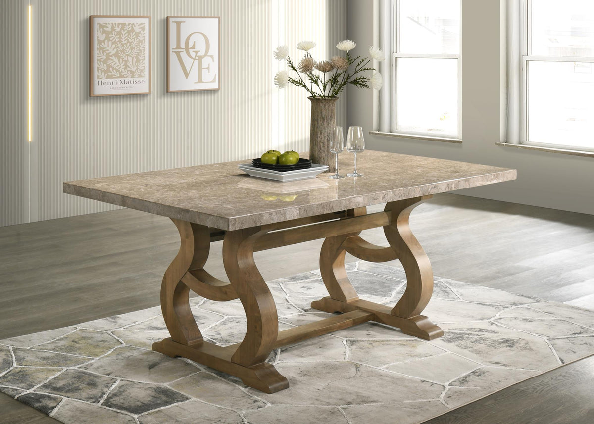 Antique Oak Dining Set with Golden Flower Marble Top