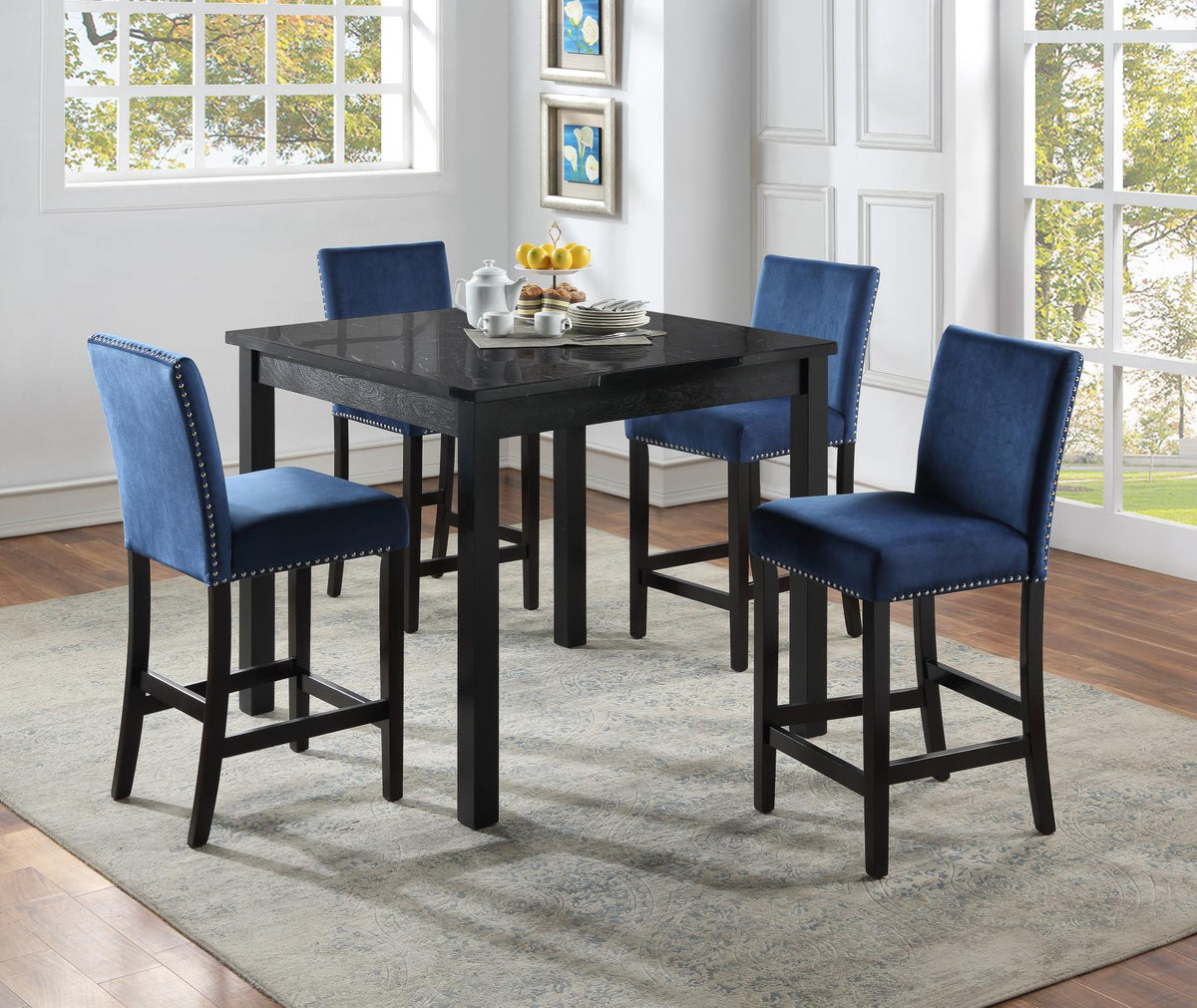 Black Marble Dining Table with 4 Blue Velvet Chairs