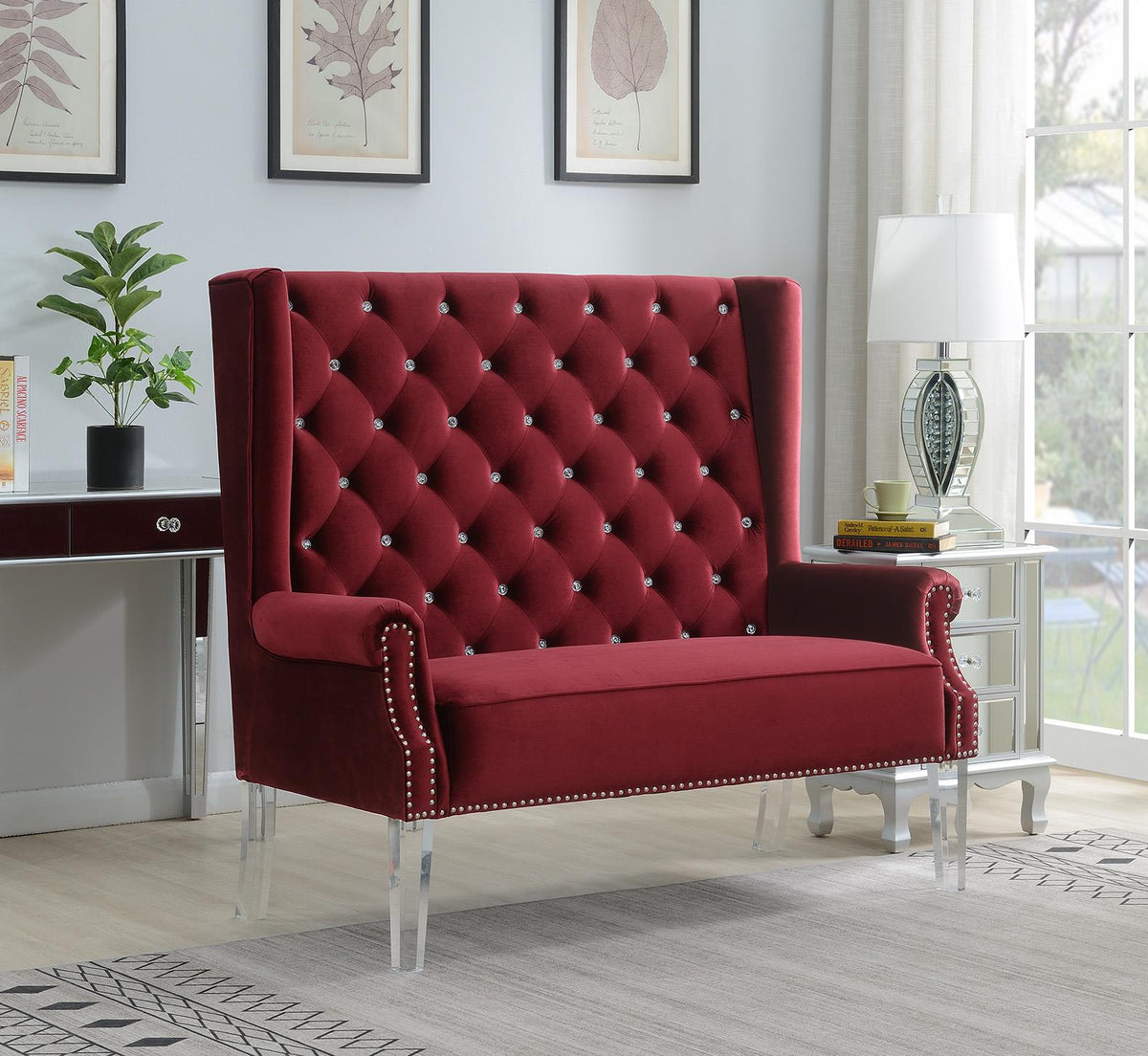 High-Back Velvet Wing Bench with Acrylic Legs