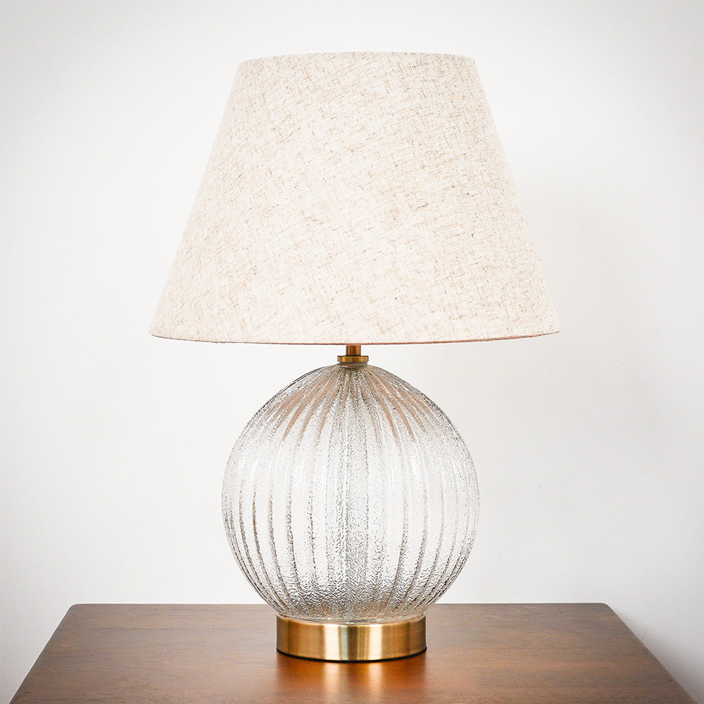 Smith Round Ribbed Glass Base Clear Table Lamp Large Linen Shade