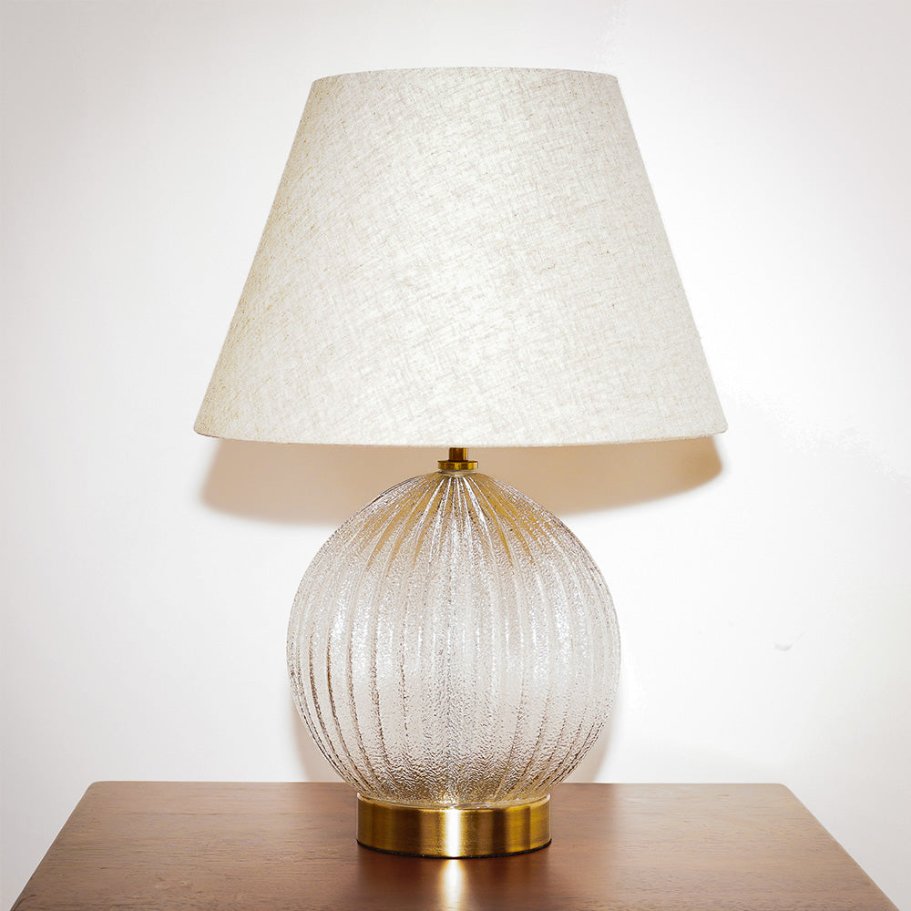 Smith Round Ribbed Glass Base Clear Table Lamp Large Linen Shade