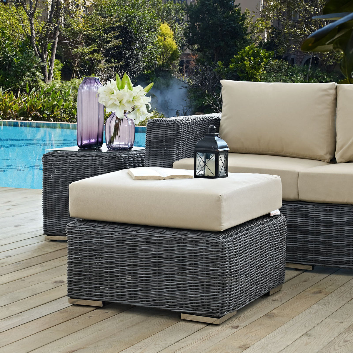 Summon Outdoor Patio Sunbrella® Ottoman, Canvas Antique Beige - view 3