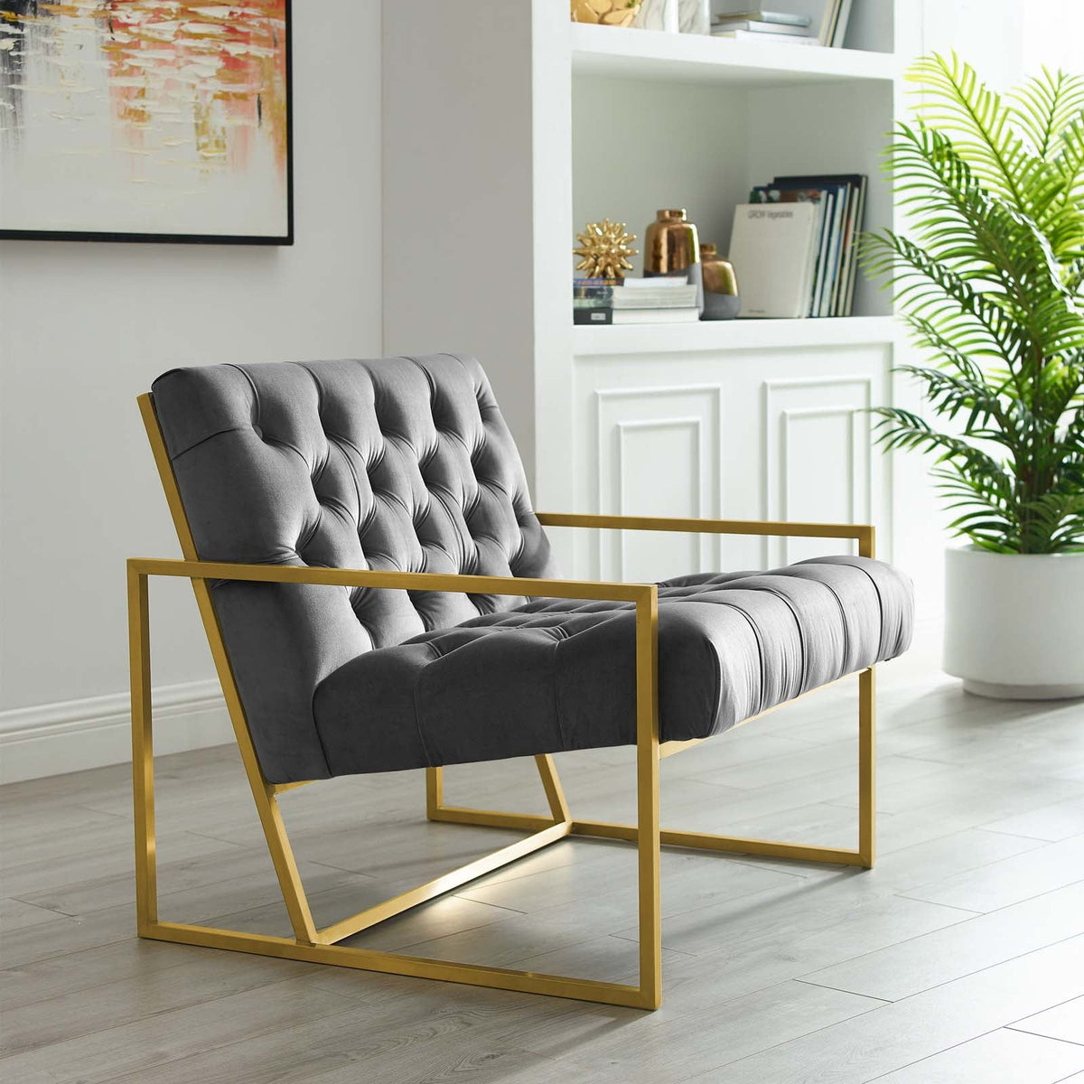 Bequest Gold Stainless Steel Performance Velvet Accent Chair, Gray - view 5