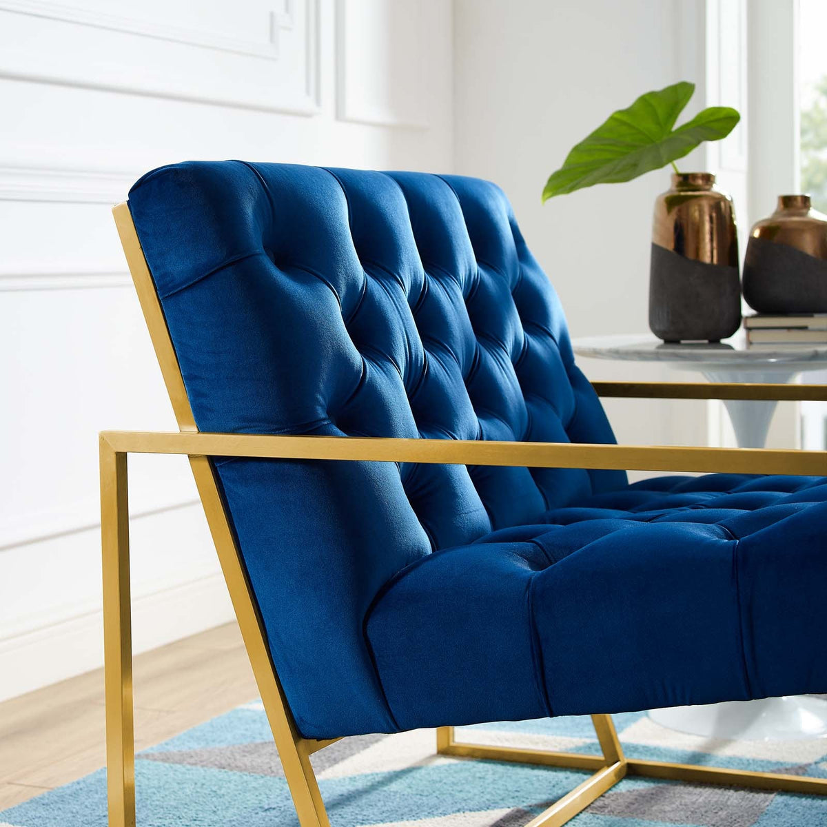 Bequest Gold Stainless Steel Performance Velvet Accent Chair, Navy - view 4