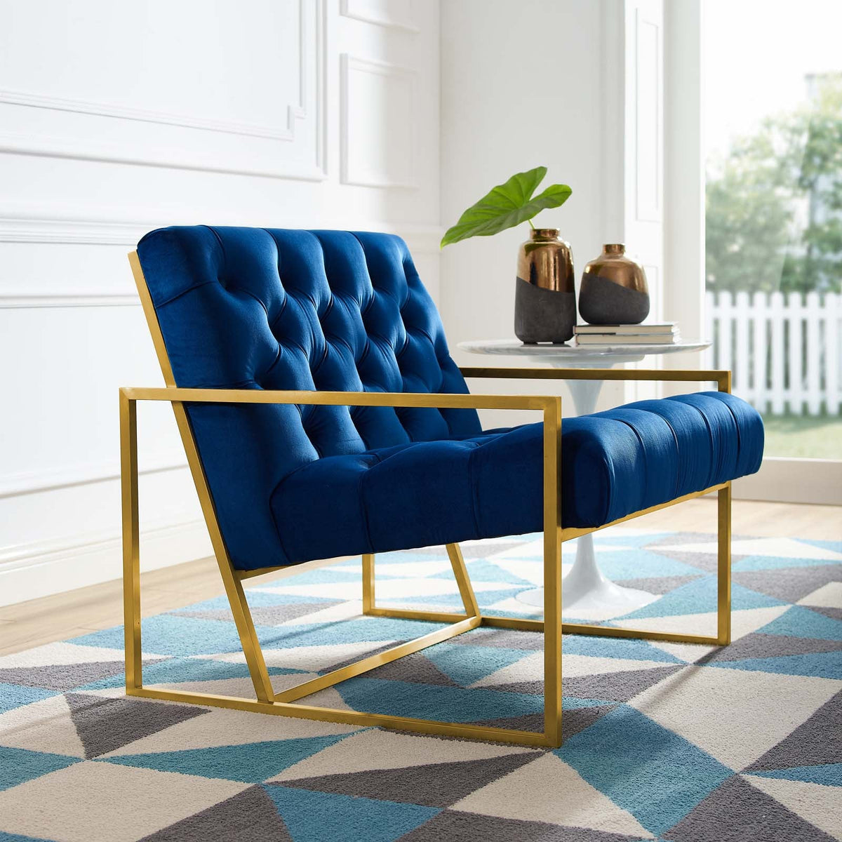 Bequest Gold Stainless Steel Performance Velvet Accent Chair, Navy - view 5