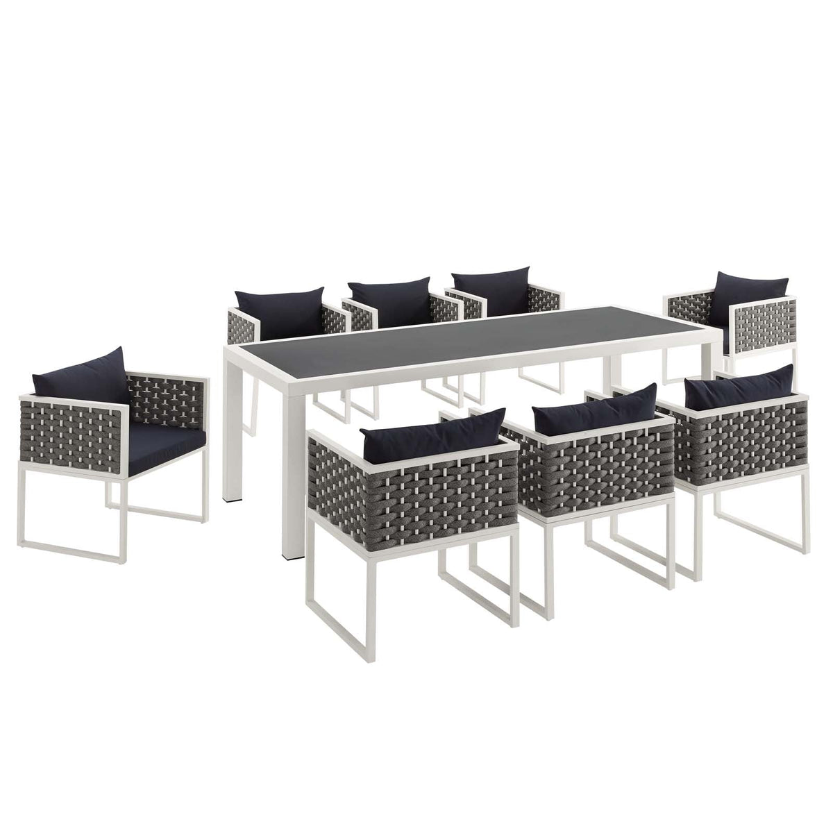 Stance 9 Piece Outdoor Patio Aluminum Dining Set, White Navy - view 2