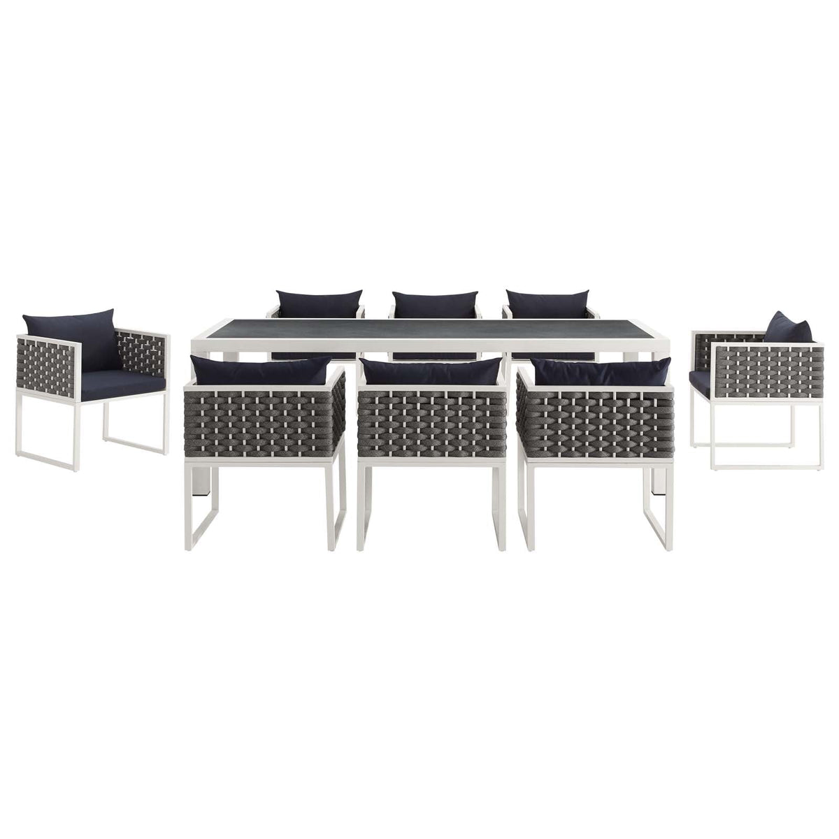 Stance 9 Piece Outdoor Patio Aluminum Dining Set, White Navy - view 3