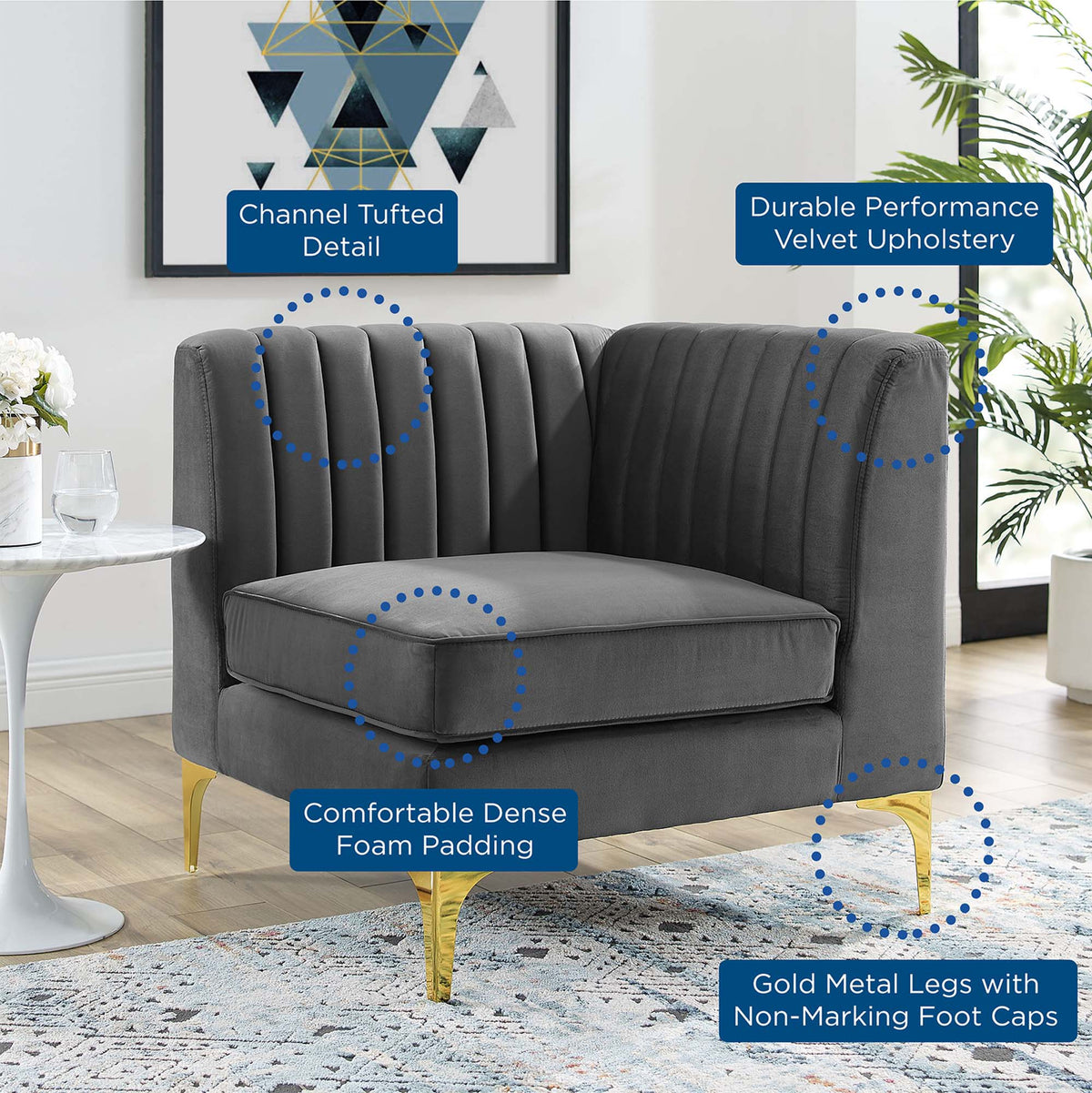 Triumph Channel Tufted Performance Velvet Sectional Sofa Corner Chair - view 10