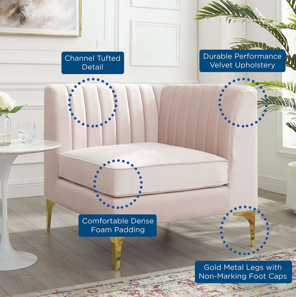 Triumph Channel Tufted Performance Velvet Sectional Sofa Corner Chair - view 12