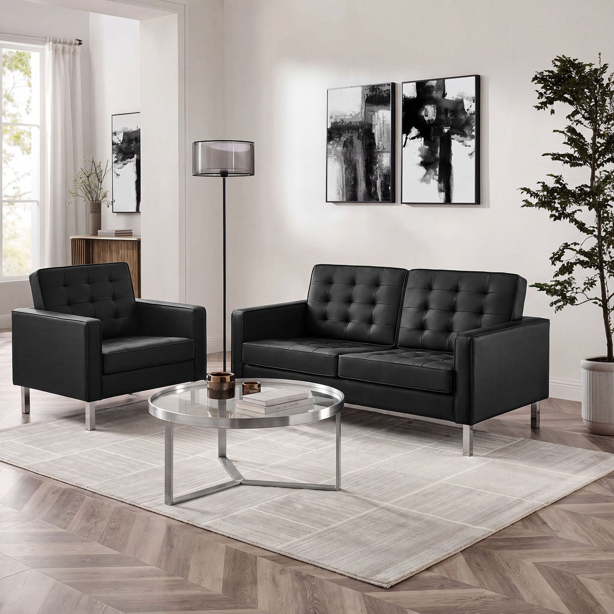 Loft Tufted Upholstered Faux Leather Loveseat and Armchair Set