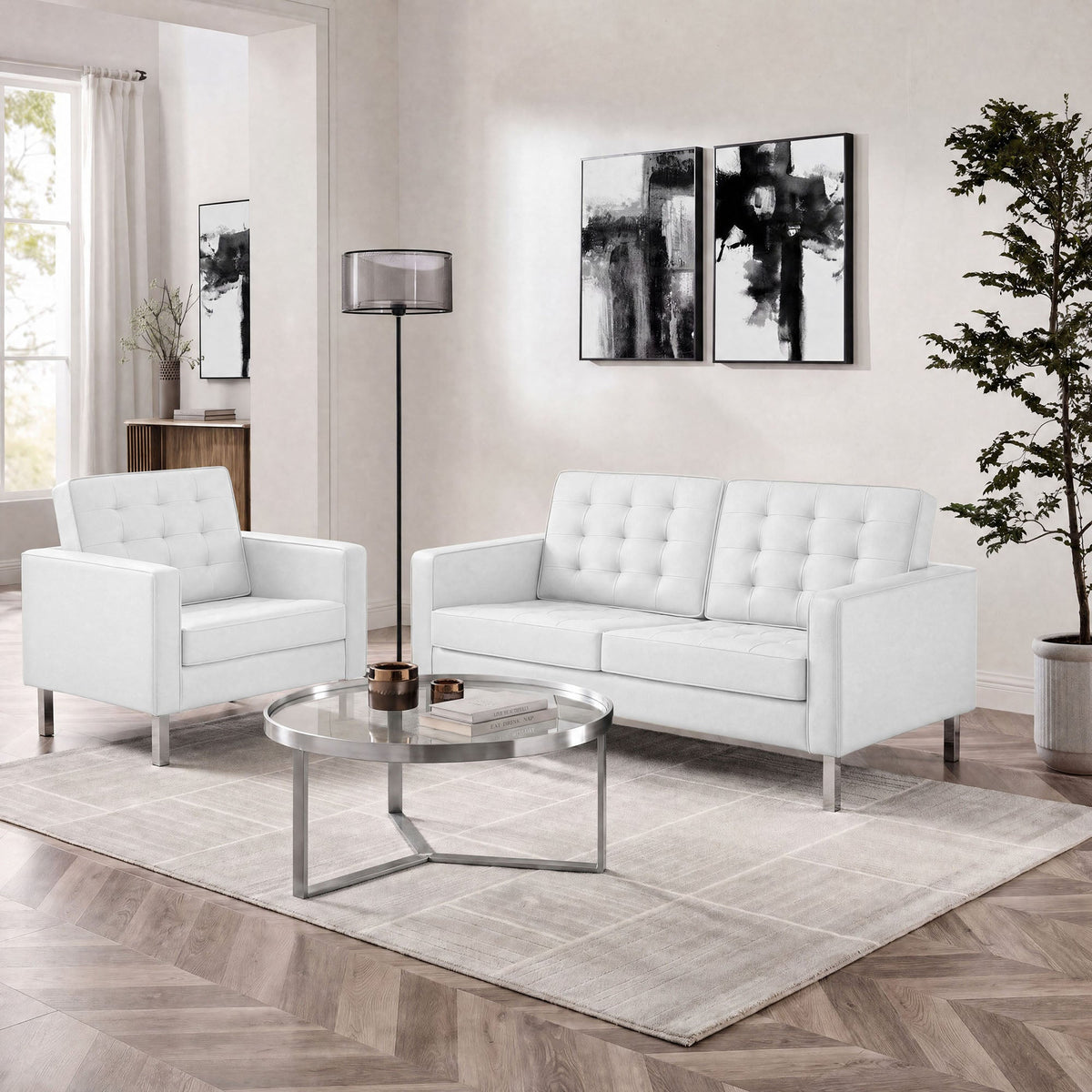 Loft Tufted Upholstered Faux Leather Loveseat and Armchair Set