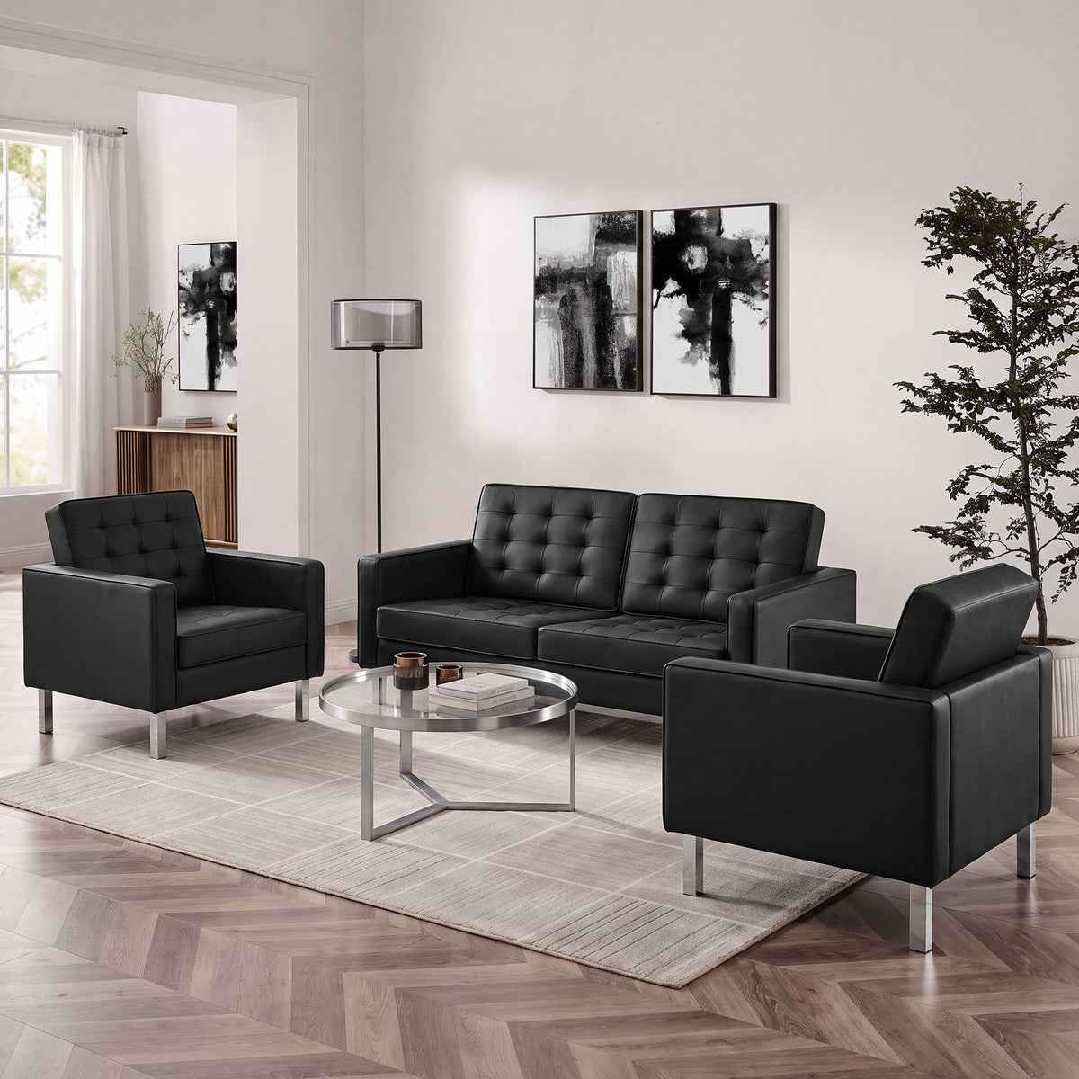 Loft 3 Piece Tufted Upholstered Faux Leather Set