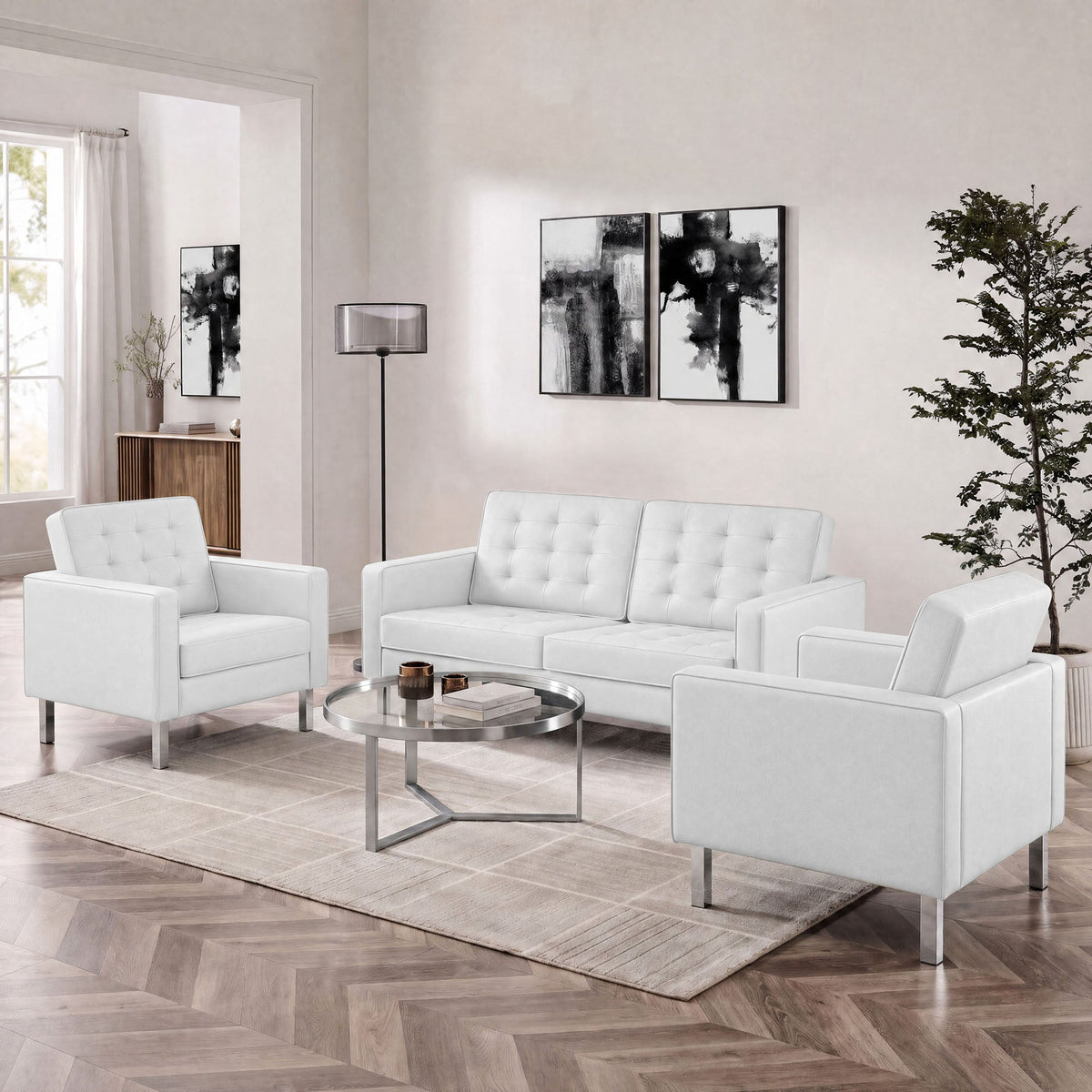 Loft 3 Piece Tufted Upholstered Faux Leather Set