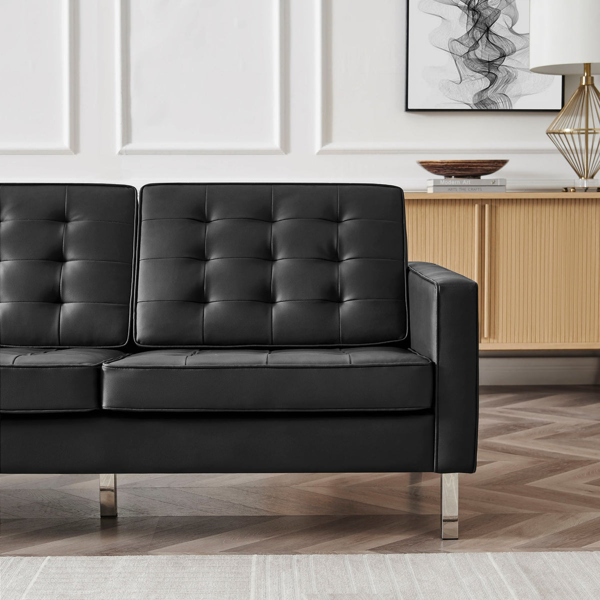 Loft Tufted Upholstered Faux Leather Sofa and Armchair Set