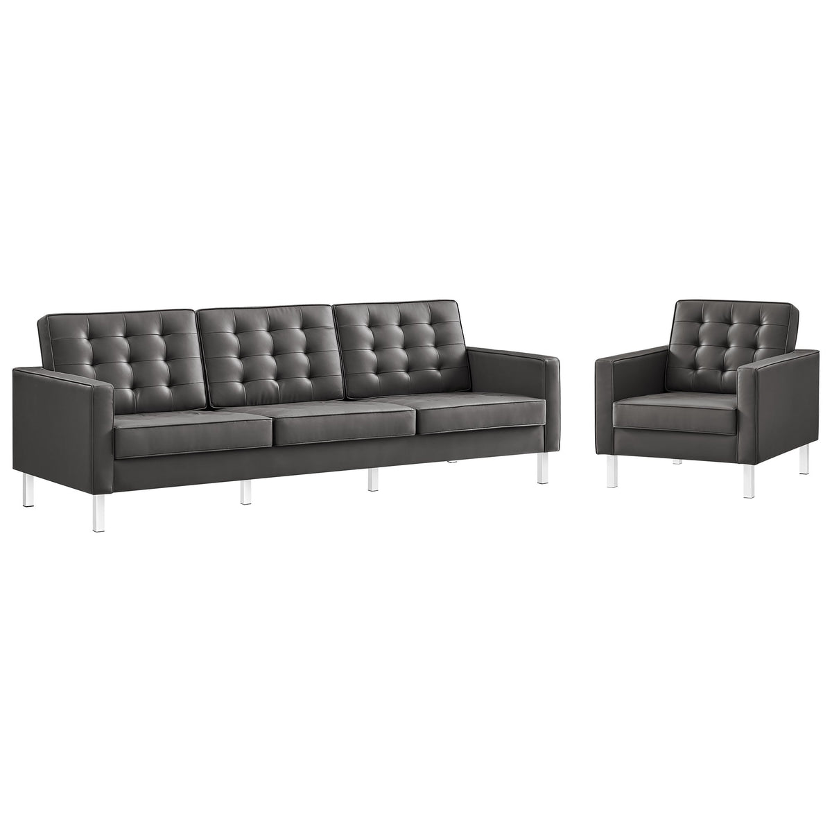 Loft Tufted Upholstered Faux Leather Sofa and Armchair Set