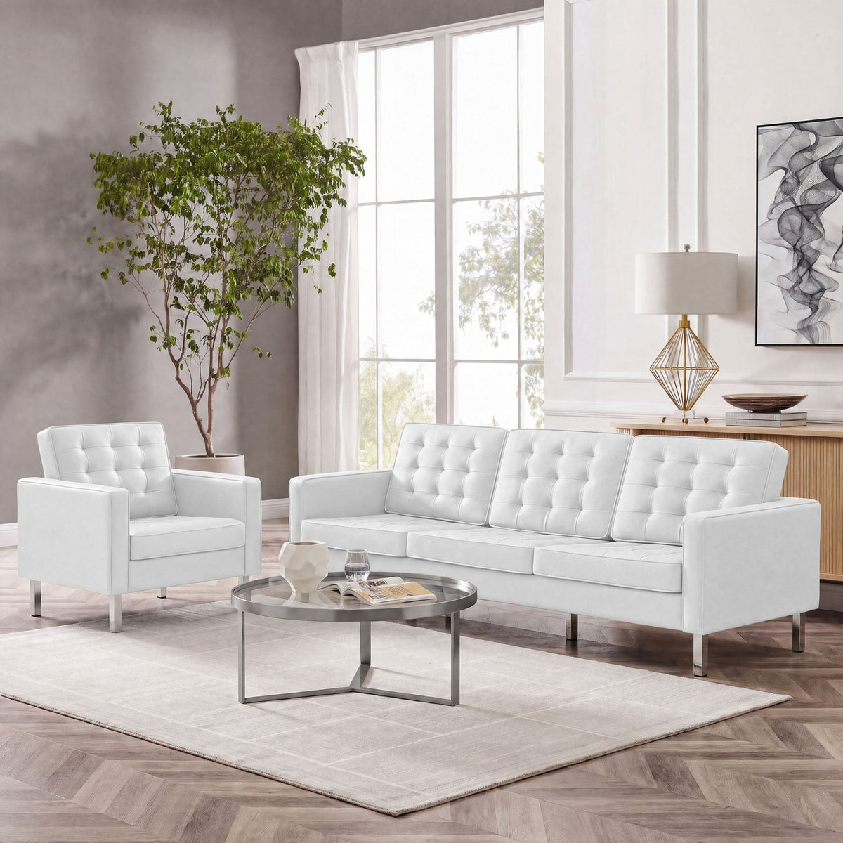 Loft Tufted Upholstered Faux Leather Sofa and Armchair Set