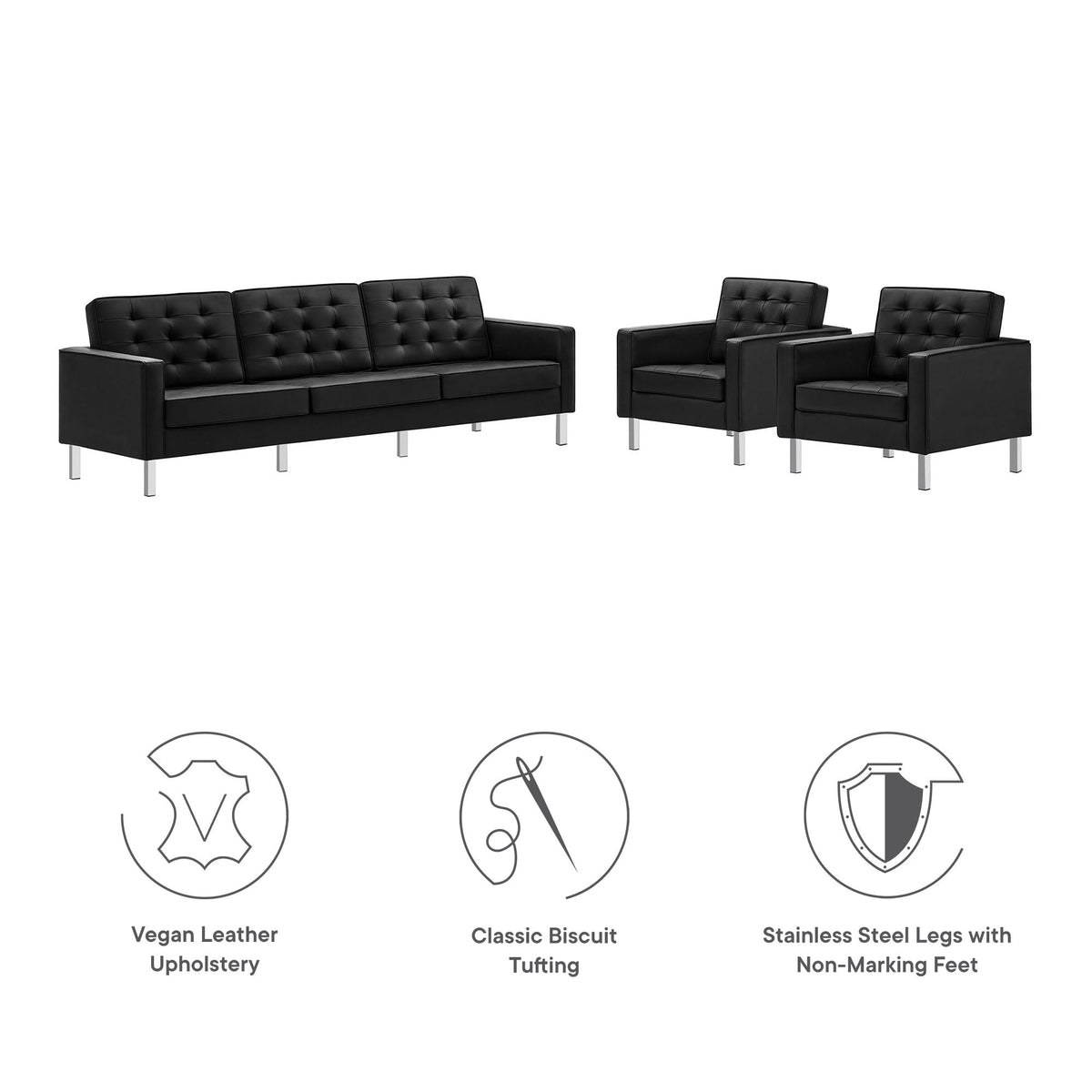 Loft Tufted Vegan Leather 3-Piece Furniture Set