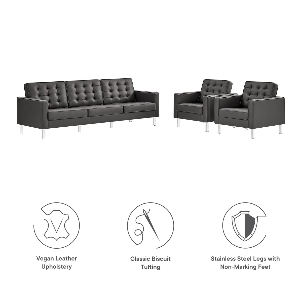 Loft Tufted Vegan Leather 3-Piece Furniture Set