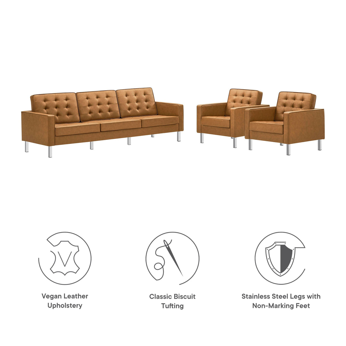 Loft Tufted Vegan Leather 3-Piece Furniture Set