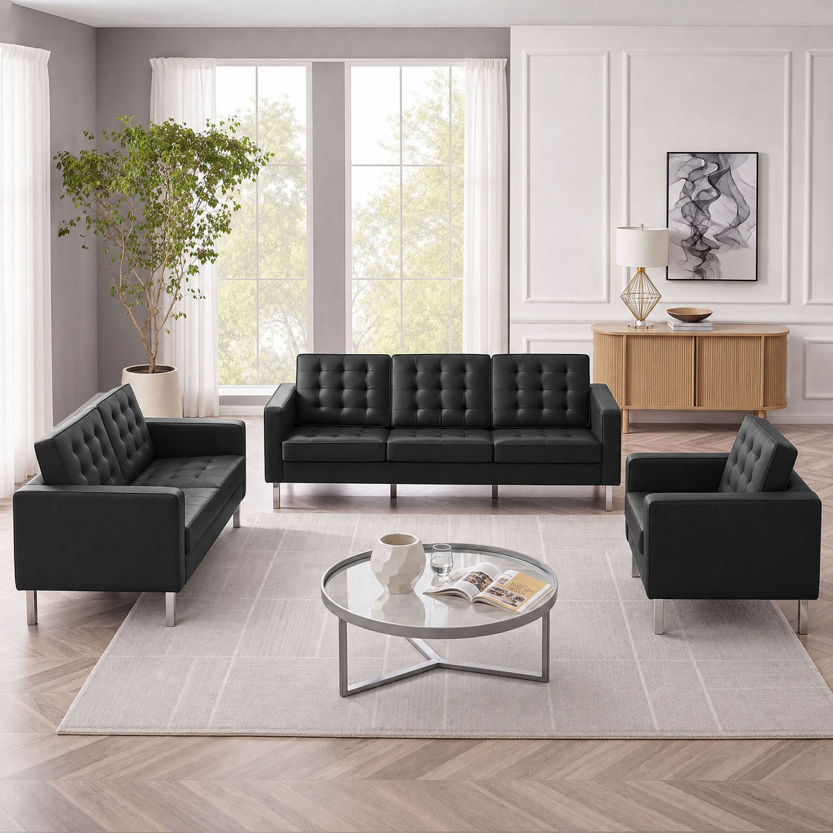 Loft 3 Piece Tufted Upholstered Faux Leather Set