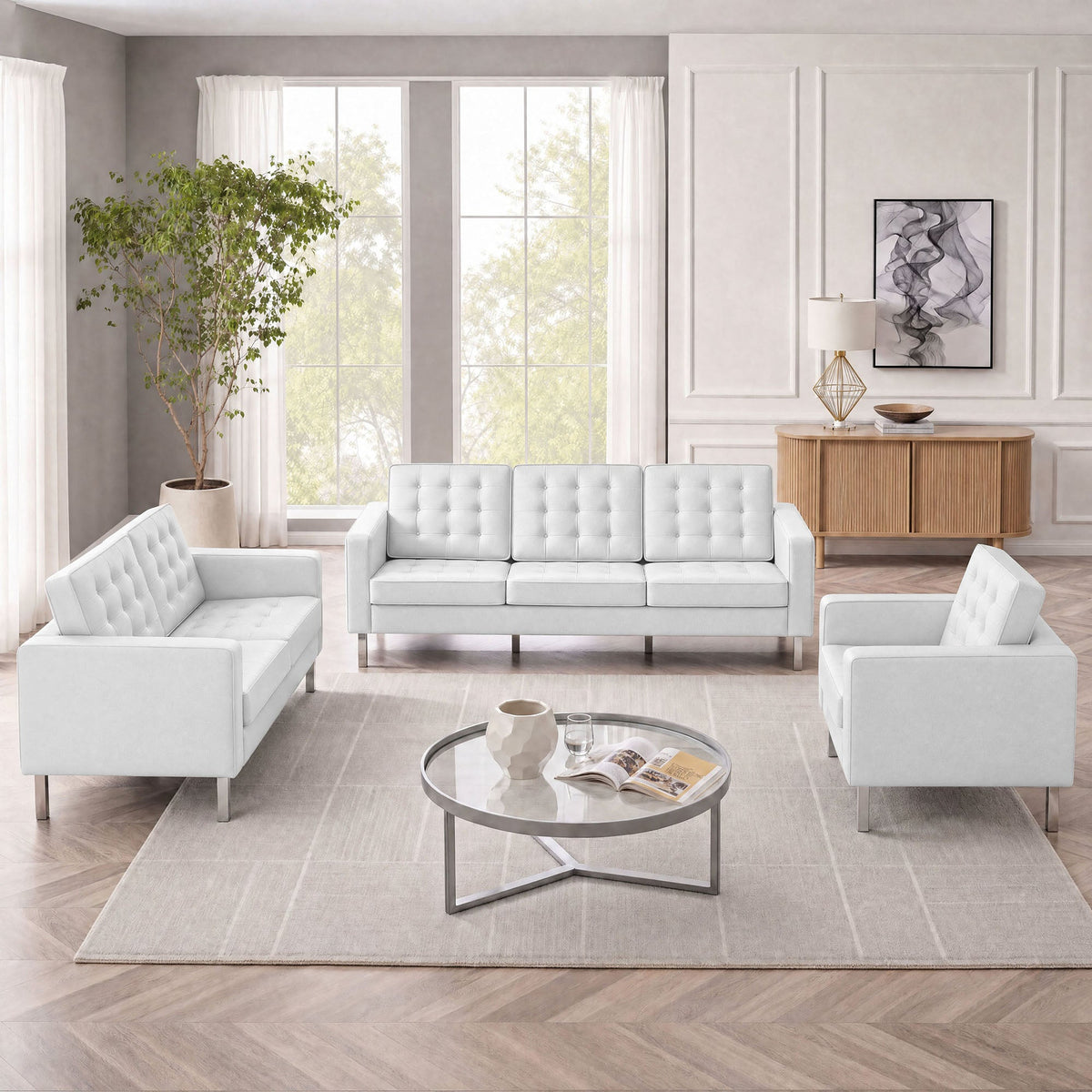 Loft 3 Piece Tufted Upholstered Faux Leather Set