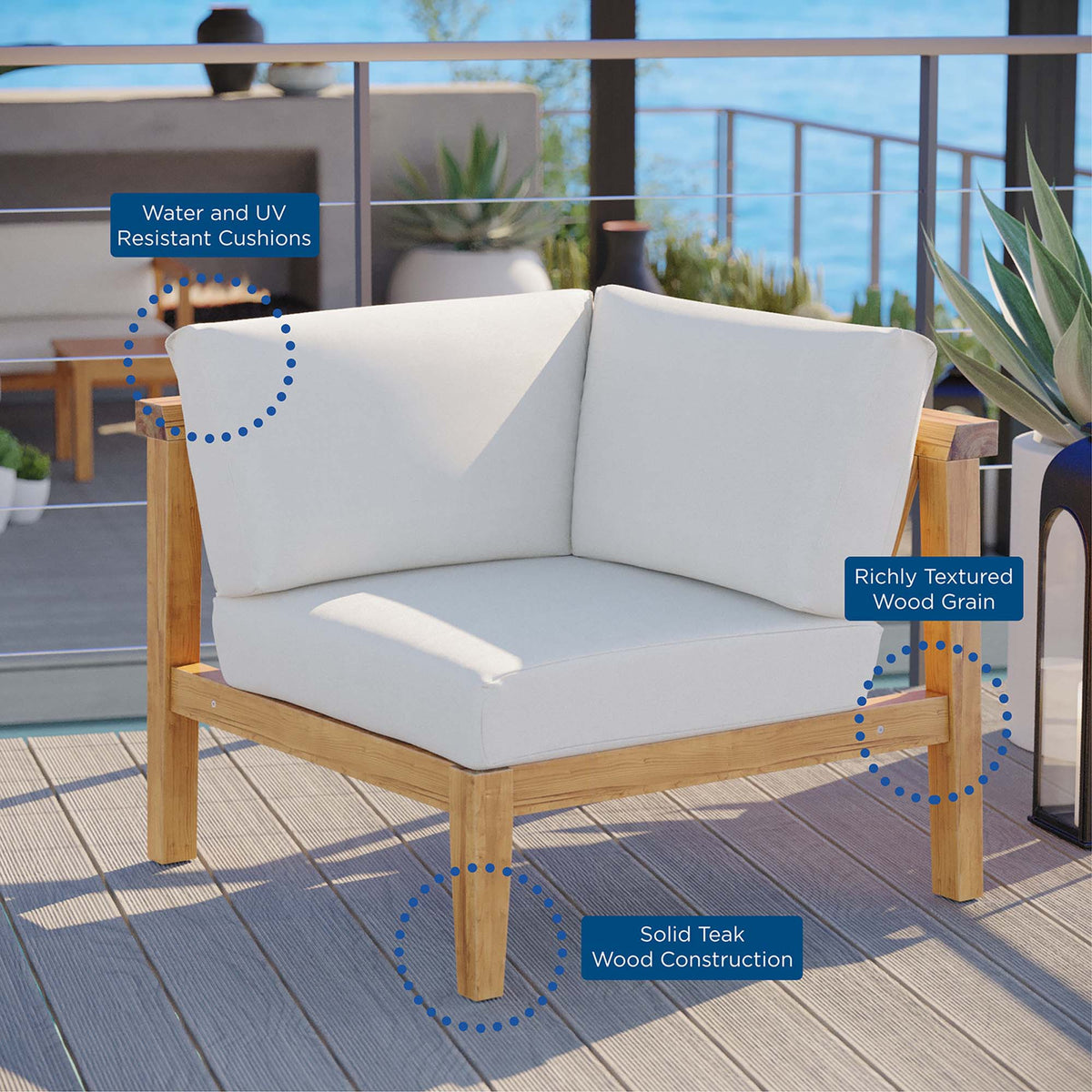 Bayport Outdoor Patio Teak Wood Corner Chair, Natural White - view 7