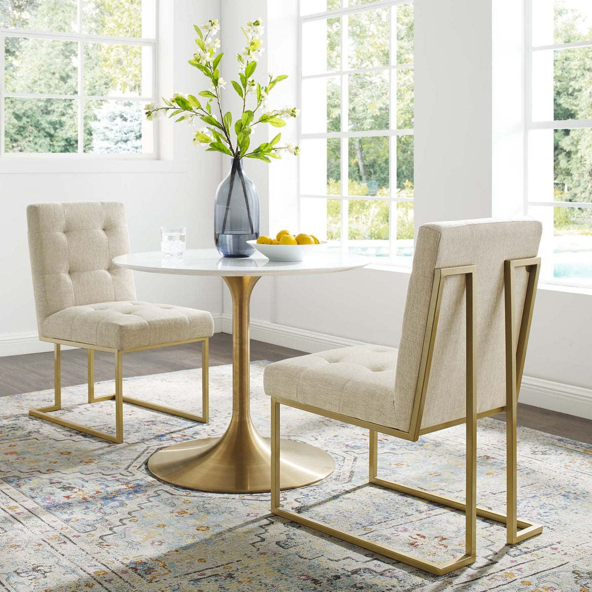 Privy Gold Stainless Steel Upholstered Fabric Dining Accent Chair Set of 2, Gold Beige - view 4